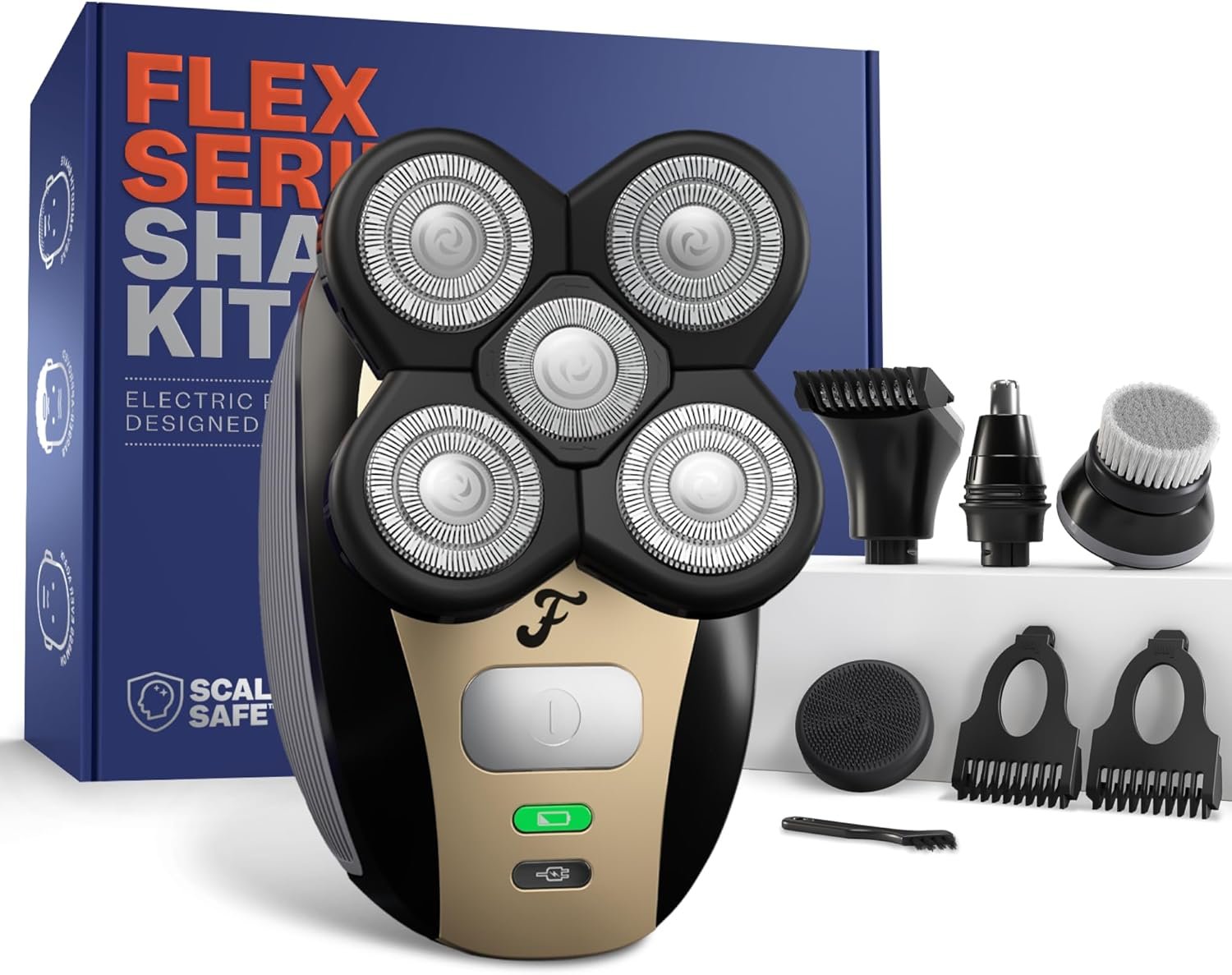 Freebird FlexSeries Electric Head & Body Hair Shaver – Mens Cordless Rechargeable Wet/Dry Skull Bald Head Back & Groin Waterproof Razor with Rotary Blades, Clippers, Nose Trimmer, Brush, Massager