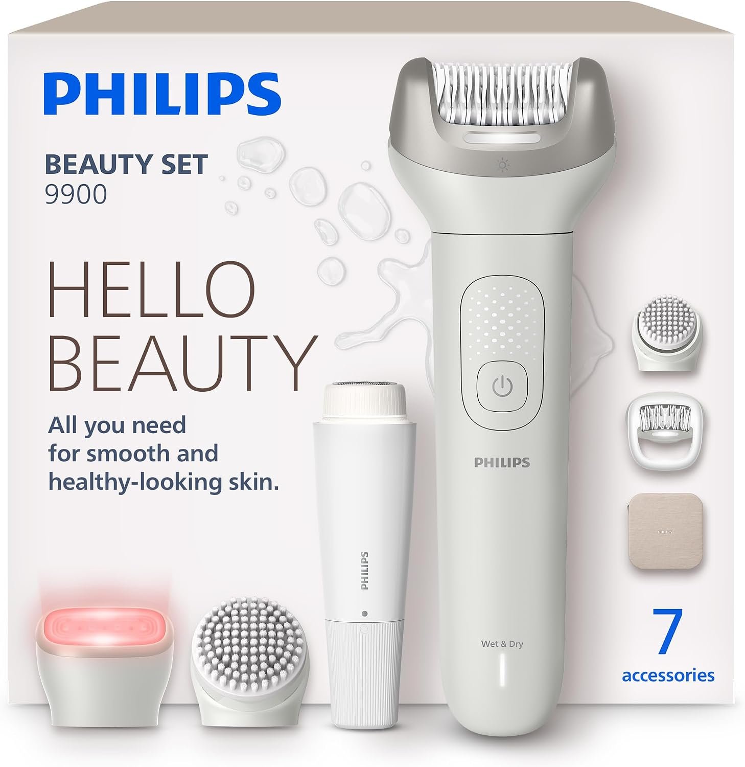 Philips Beauty Set – All-in-One Set for Body and Face, Cordless Wet and Dry Use, for Hair Removal, Body and Skincare, Epilator with 7 Accessories, Model BRE738/00