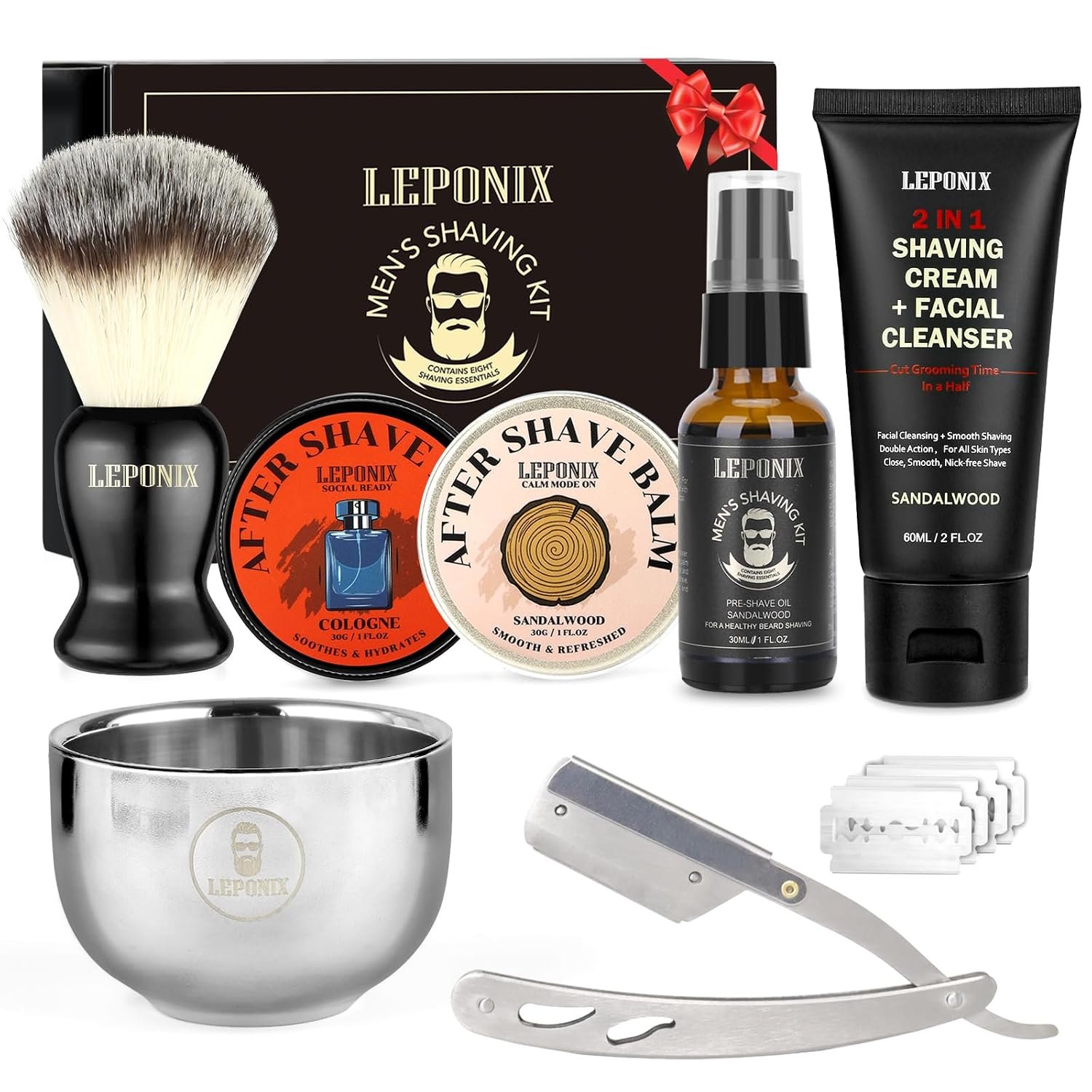 LEPONIX Shaving Kit for Men with Straight Razor Shaving Brush and Bowl