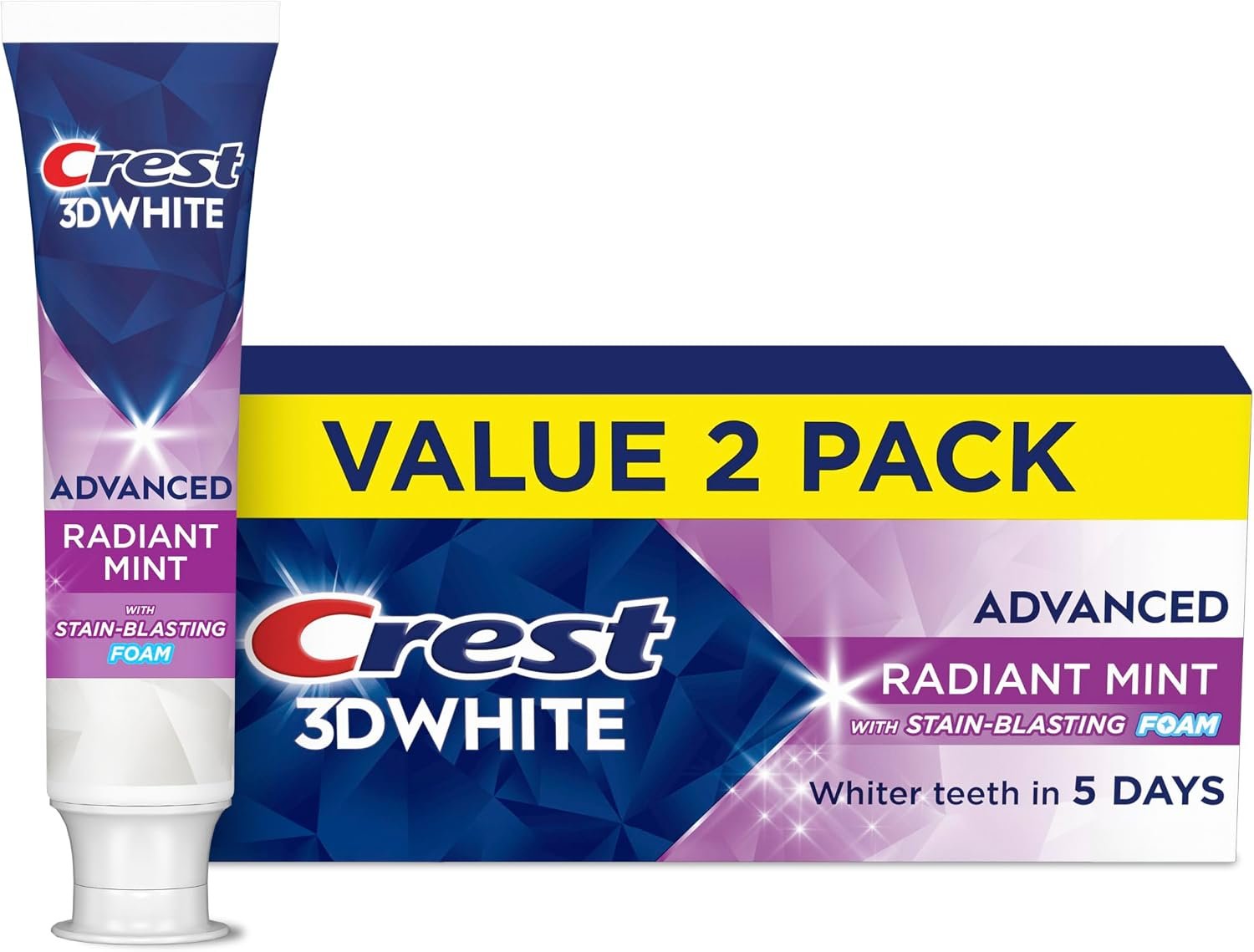 Crest 3D White Advanced Toothpaste, Radiant Mint, 3.3 oz (Pack of 2), Whiter Teeth in 5 Days, Enamel Safe Fluoride Anticavity Toothpaste for Stain Removal and Prevention