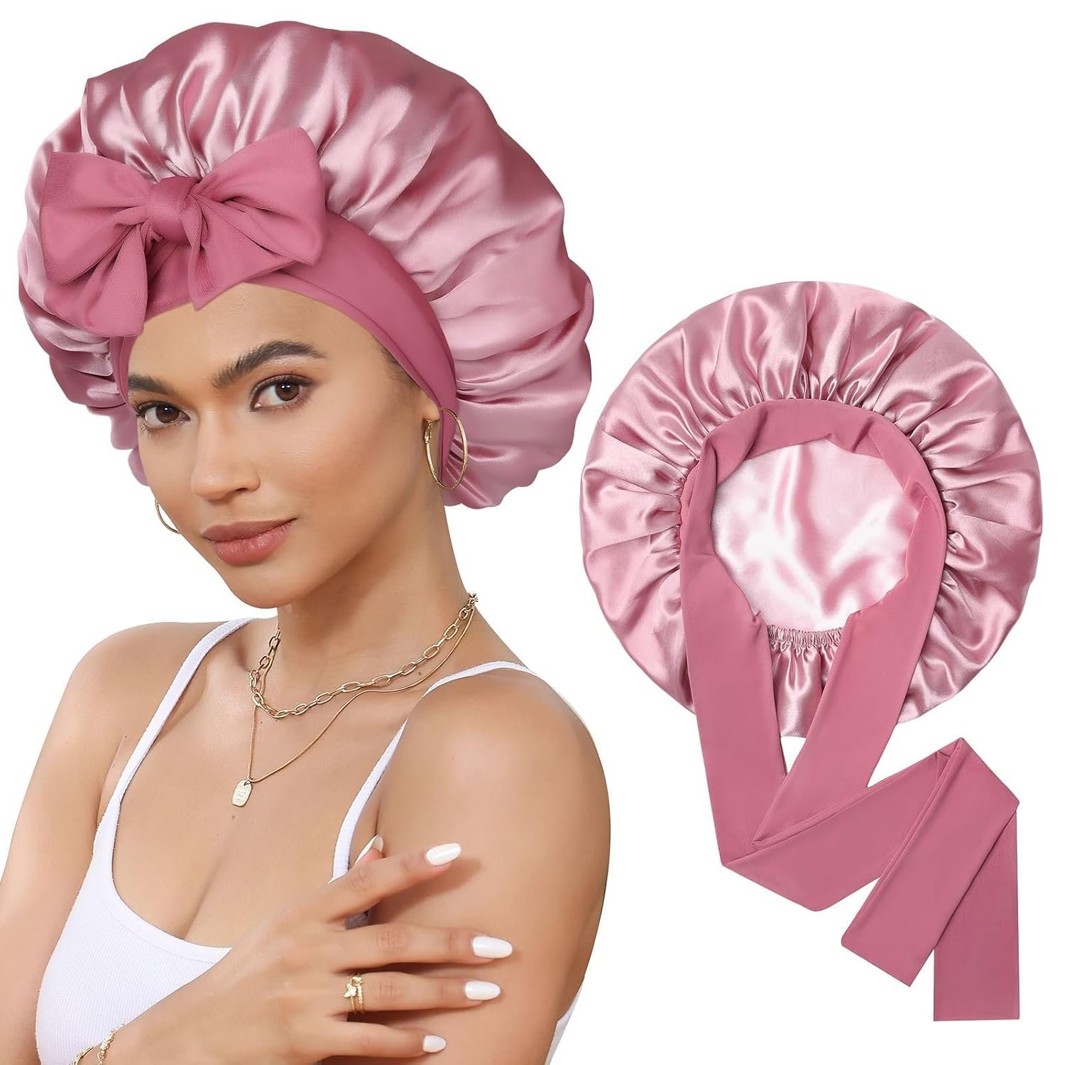 CHLINS Double Layer Satin Bonnet for Sleeping, Hair Bonnet for Curly Hair