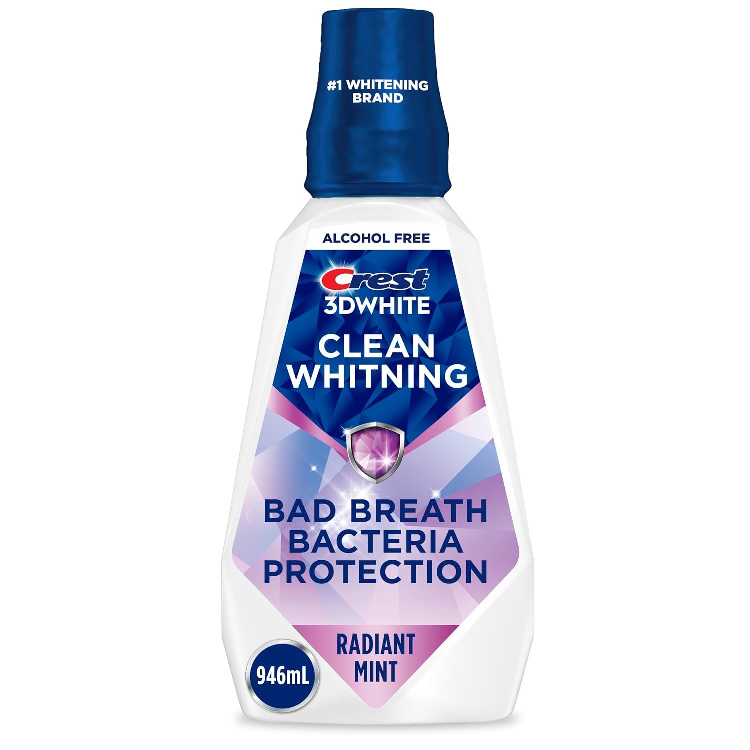 Crest Mouthwash 3D White Clean Whitening, Breath Protection, Prevents Surface Stains, Kills Millions of Bad Breath Germs, Alcohol-Free, Radiant Mint Flavor, 946 mL (32 fl oz Pack of 3)