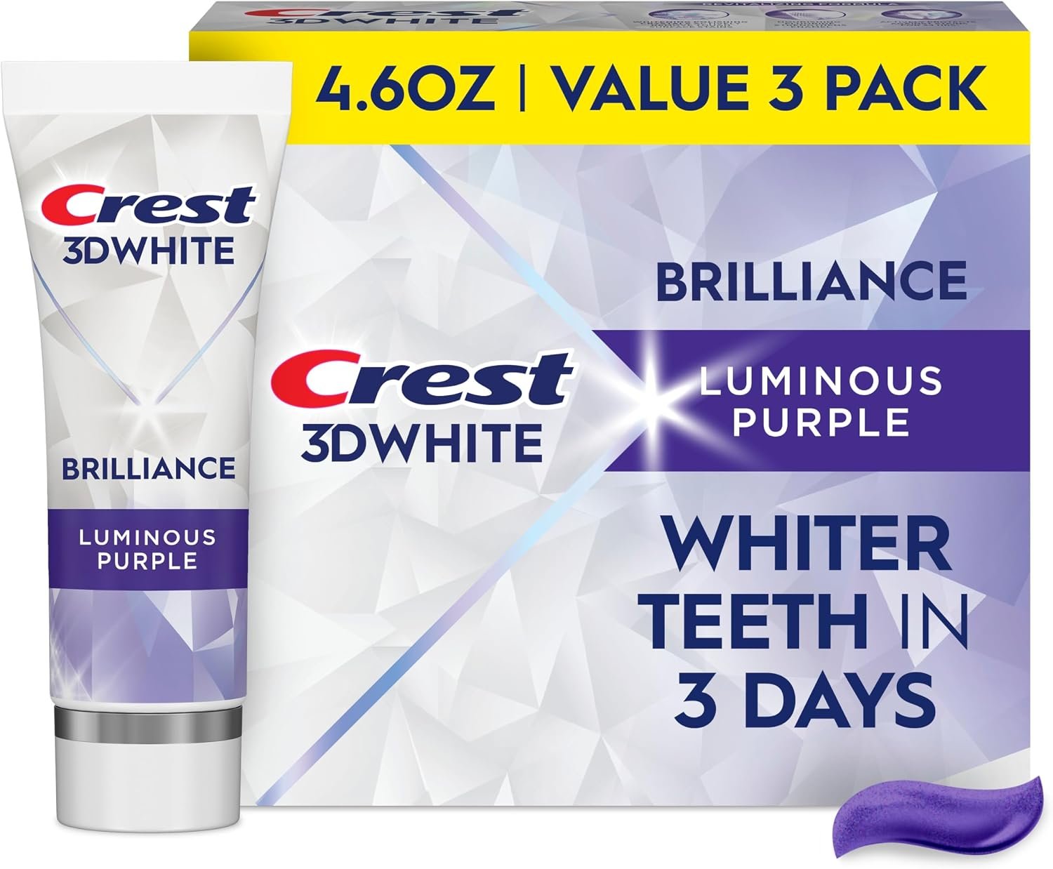 Crest 3D White Brilliance Toothpaste, Luminous Purple, 4.6 oz (Pack of 3), Whiter Teeth in 3 Days, Anticavity Fluoride Toothpaste for 24 Hour Stain Prevention