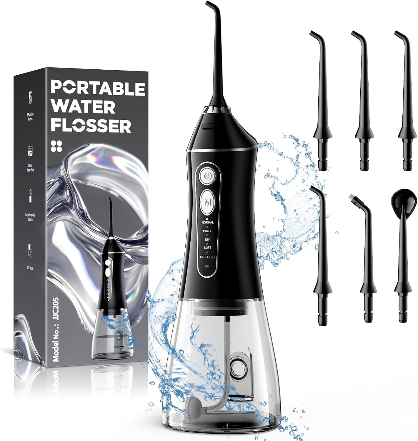 Cordless Water Flosser for Teeth Cleaning, Gums & Braces, 5 Cleaning Modes with DIY Mode, 6 Jet Tips, 320ml Water Tank, Rechargeable Oral Irrigator, IPX7 Waterproof for Home & Travel, Black