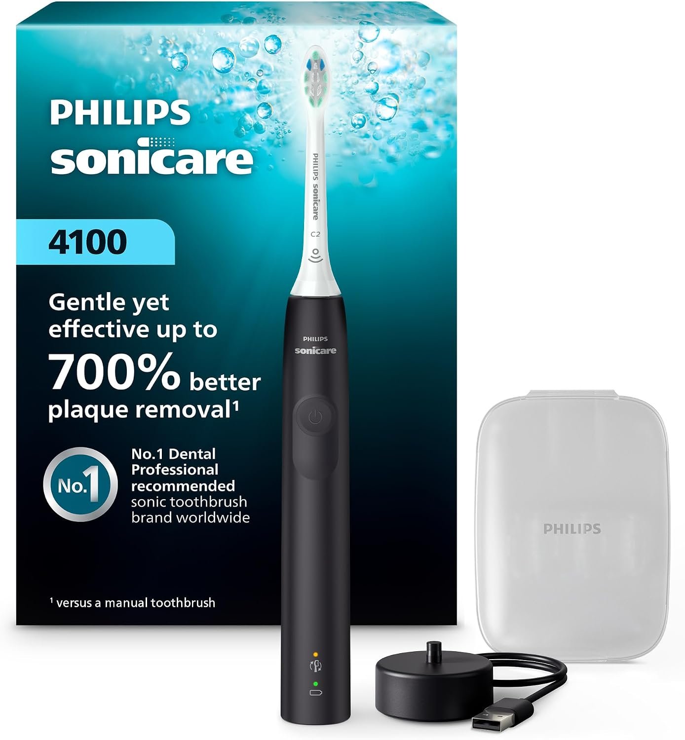 Philips Sonicare 4100 Rechargeable Electric Toothbrush, 1 Brush Head, Black