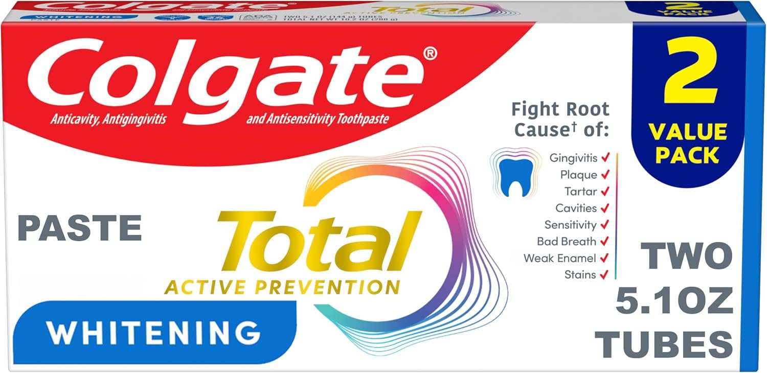 Colgate Total Whitening Fluoride Toothpaste, Mint, 2 Pack, 5.1 oz