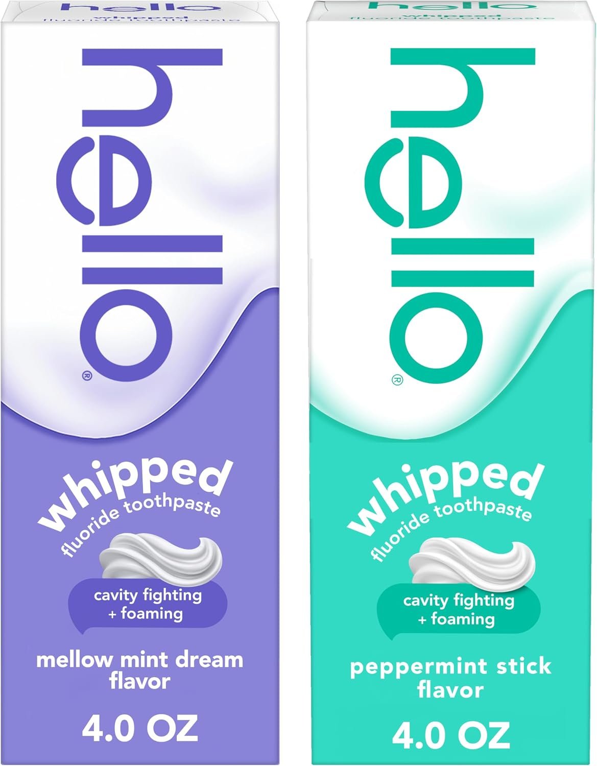 Hello Whipped Mellow Mint Dream and Peppermint Stick Toothpaste Pack, Minty Adult Foam Toothpaste with Fluoride, SLS Free, Freshens Breath, Dreamy Foamy Texture, Fights Cavities, 2 Pack, 4.0 Oz Tubes