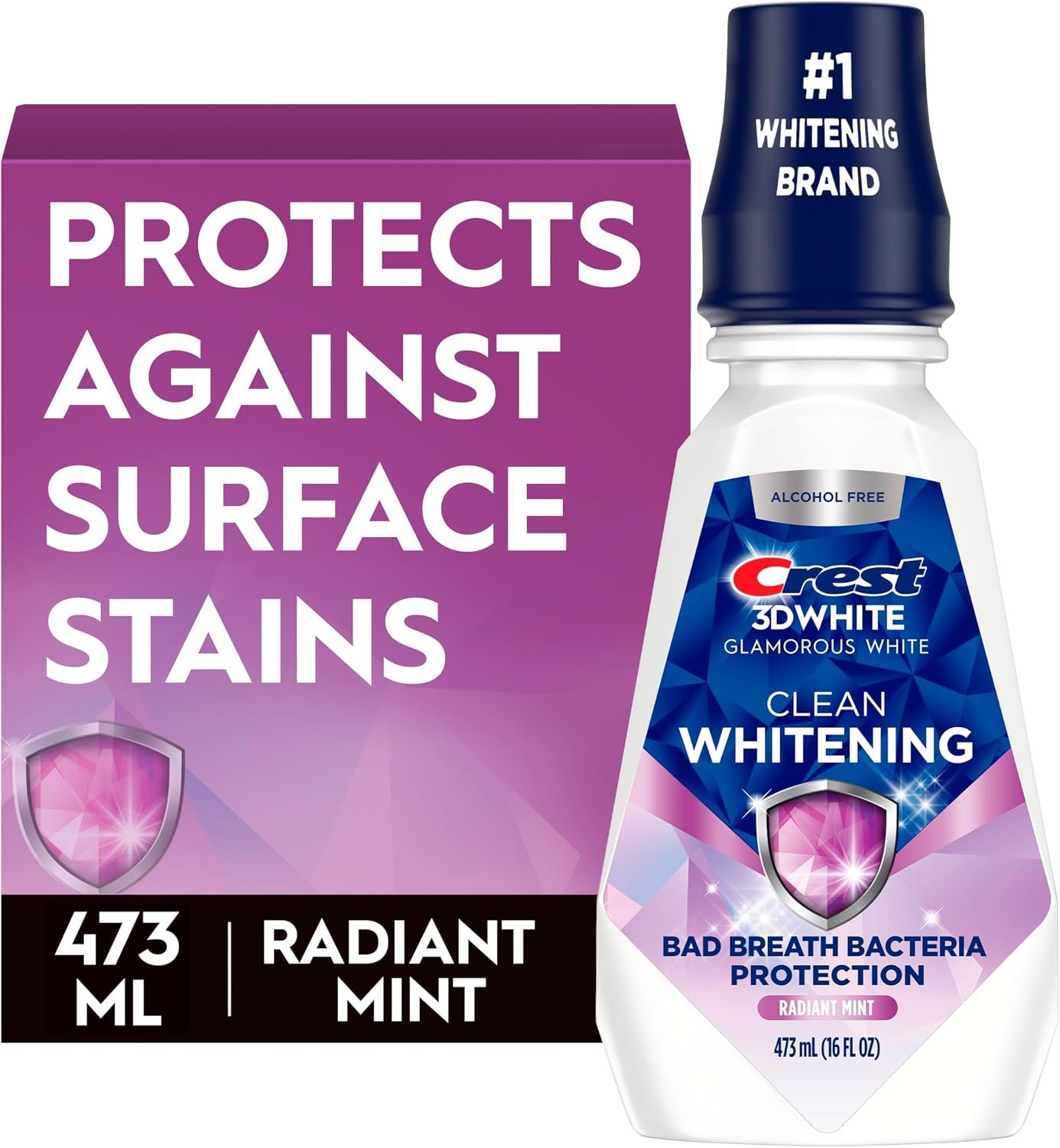 Crest 3D White Glamorous White Alcohol Free Multi-Care Whitening Mouthwash, Fresh Mint, 16 Fl Oz (473 ml), 1.07 Lb