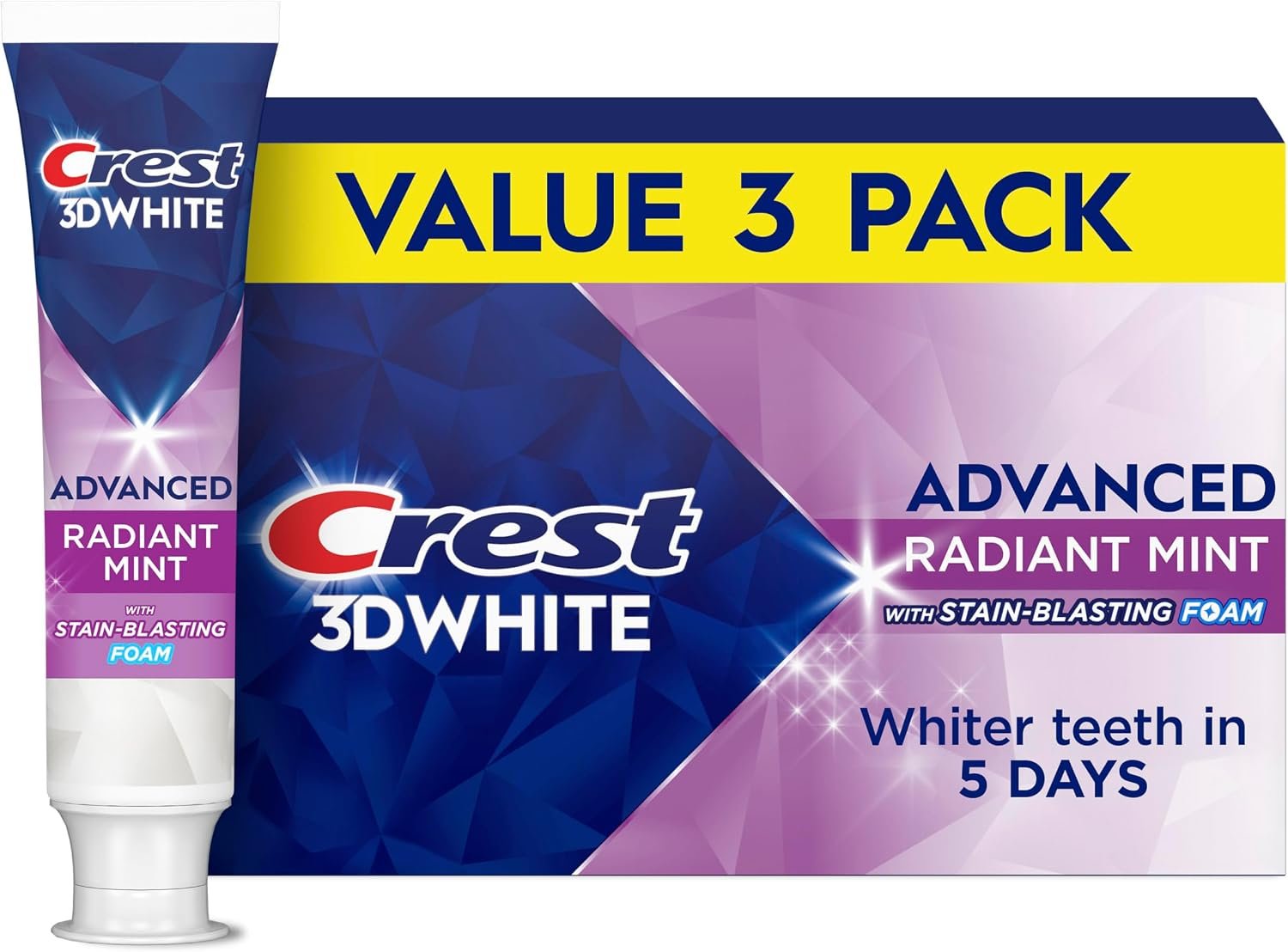 Crest 3D White Advanced Toothpaste, Radiant Mint, 3.3 oz (Pack of 3), Whiter Teeth in 5 Days, Enamel Safe Fluoride Anticavity Toothpaste for Stain Removal and Prevention