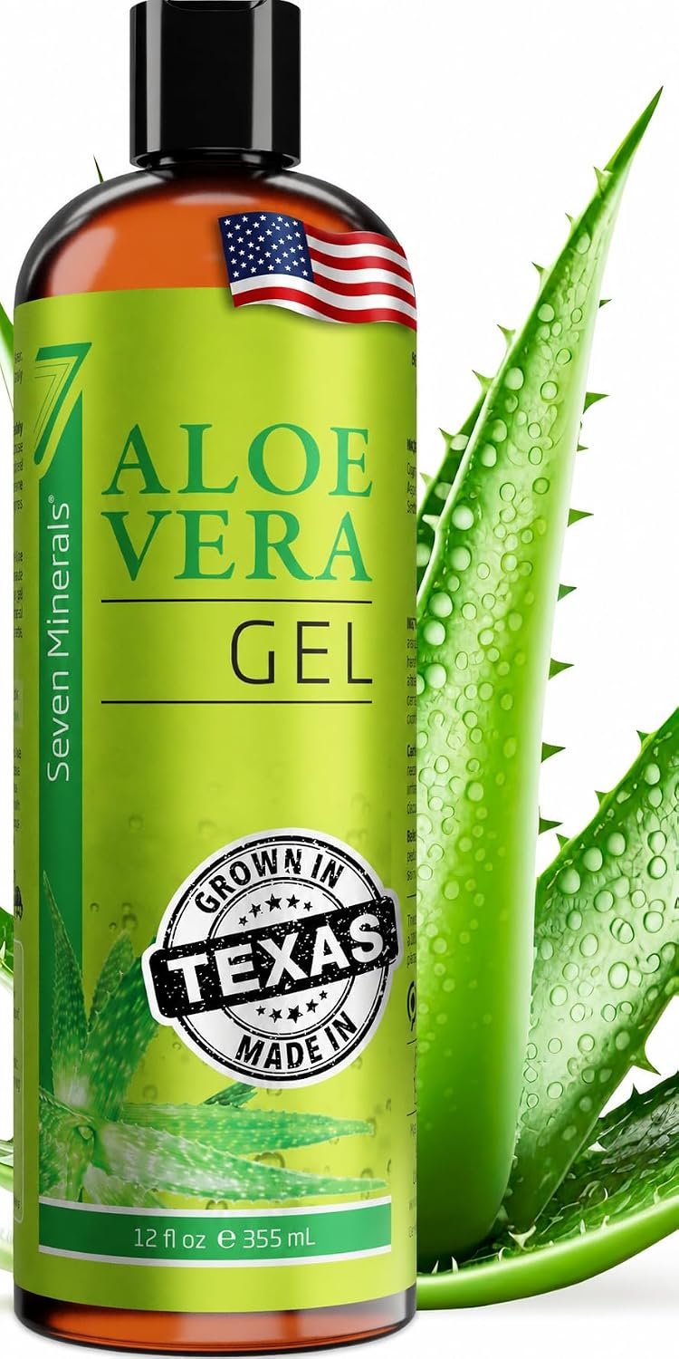 Seven Minerals Aloe Vera Gel with Freshly Cut Organic Aloe 98.7% – Big 12oz – Texas Grown, Pure HighestQuality, Vegan, Unscented, Non-Sticky – After Sun Sunburn Relief – Skin, Hair & Face Moisturizer