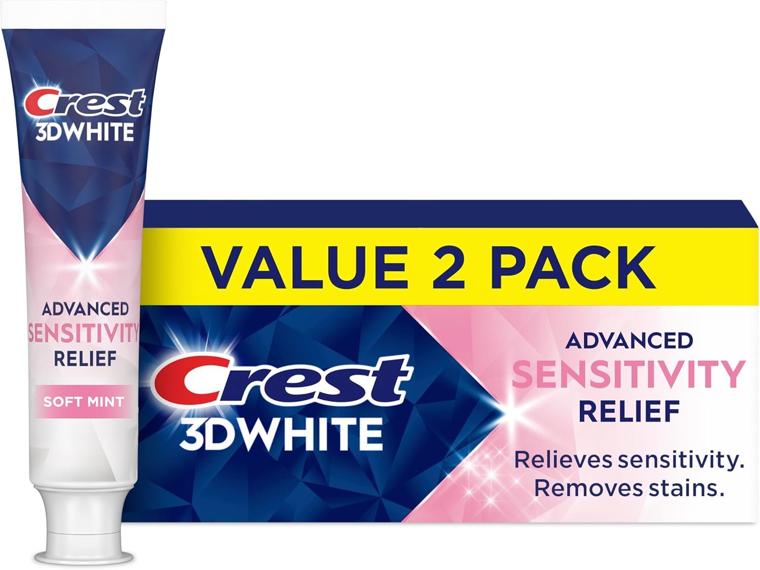 Crest 3DWhite Advanced Whitening Sensitivity Relief Toothpaste, Soft Mint, 3.3 oz (Pack of 2), Enamel Safe Fluoride Anticavity Toothpaste for Sensitive Teeth