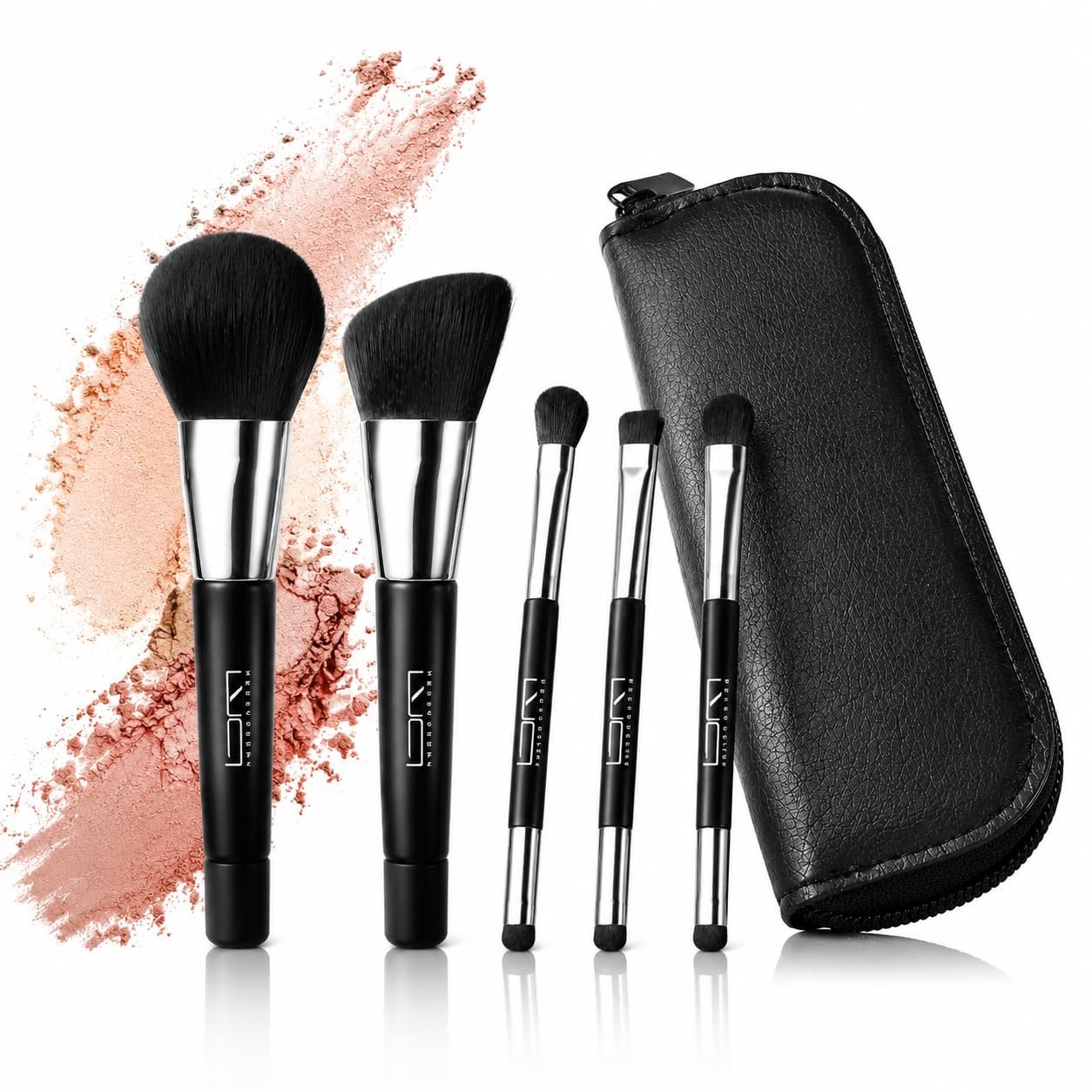 Mini Travel Makeup Brushes Set, 5Pcs Double Ended Portable Cosmetic Brushes Kit with Storage Pouch for Foundation Eyeshadow Blush Lip Eyebrow, Black