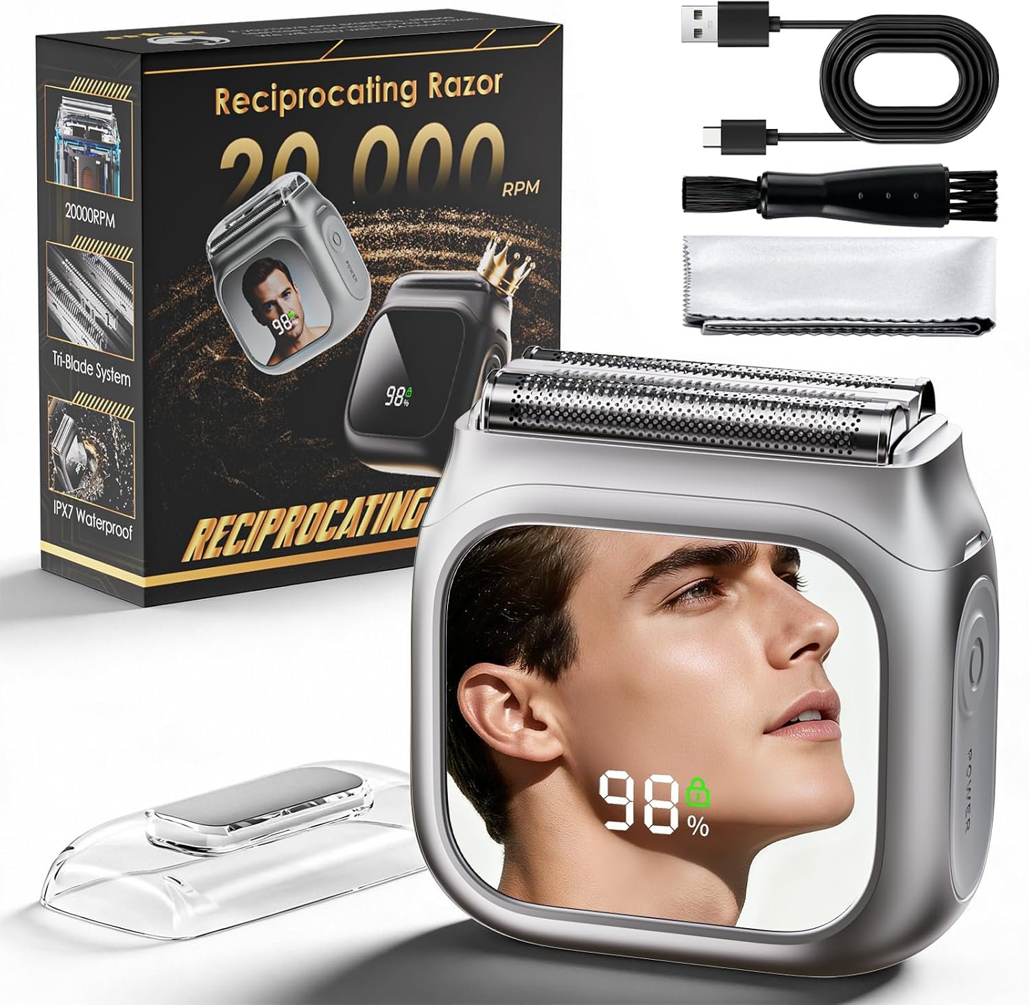 Electric Razor for Men,Innovative Mirror Design,Electric Shaver 20000 RPM Motor,Gentle & Smooth,Non-irritating to Skin,3 Floating Blade Heads,IPX7 Waterproof,Foil Shaver for Travel & Home Use