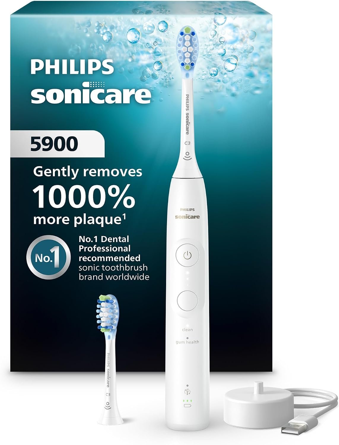 Philips Sonicare 5900 Rechargeable Electric Toothbrush, 2 Brush Head, White