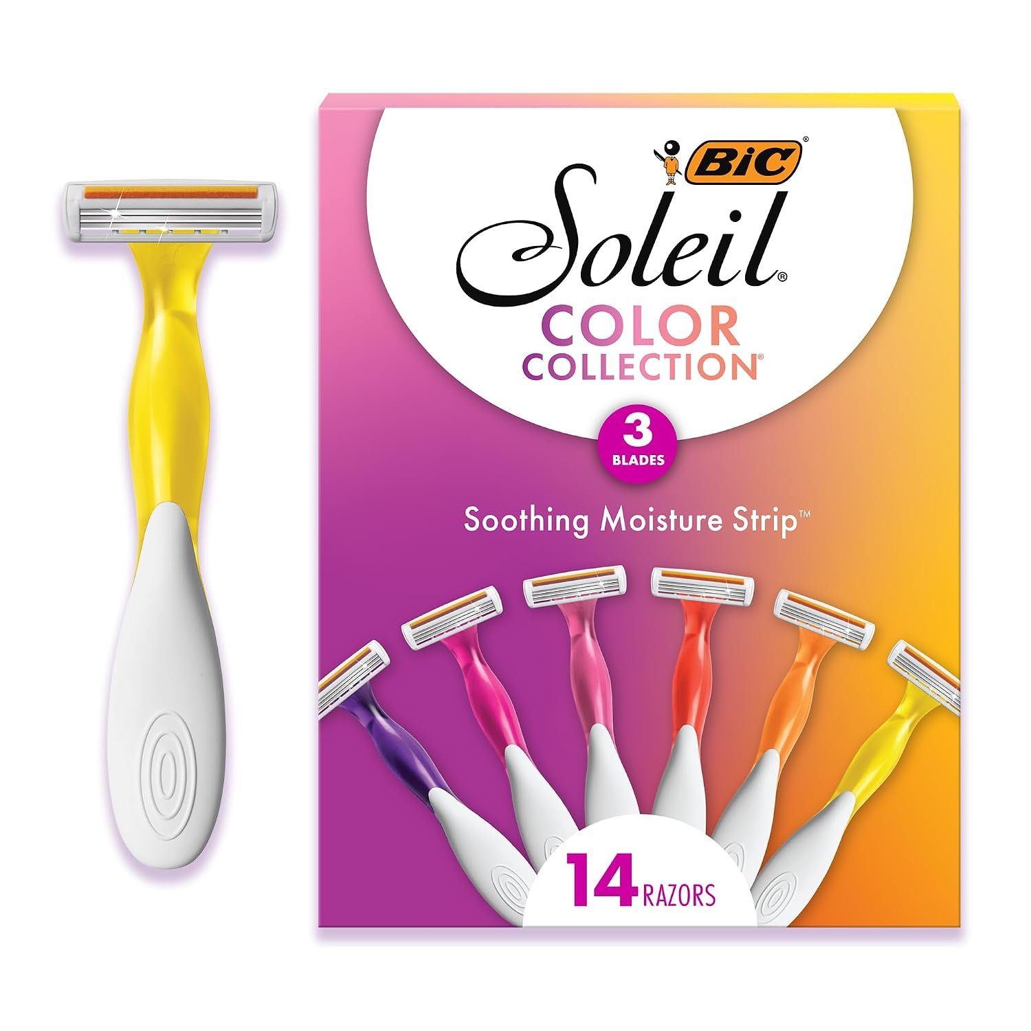 BIC Soleil 3 Colors Women’s Disposable 3-Blade Razors, Aloe Vera Strip, College Dorm Room Essential, Shower Caddy and Toiletry Bag Ready, 14-Pack