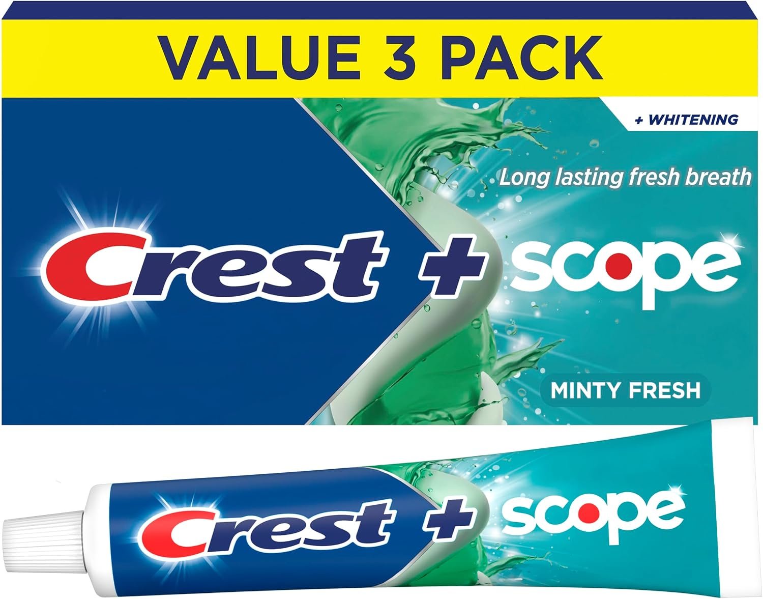 Crest + Scope Whitening Toothpaste – Pack of 3, 5.4 Oz Tubes – Anticavity Fluoride Toothpaste, Fresh Breath, Kills Germs – Tartar Protection, Enamel Protection – Minty Fresh Flavor