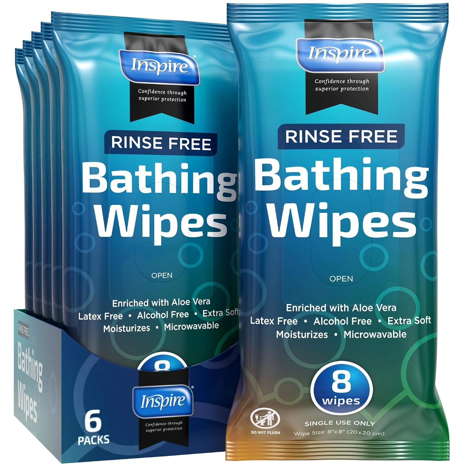 Bathing Wipes for adults bathing rinse free | Adult Wash Cloths Extra Large, Bathing Wipes for Incontinence, 8″x 8″ In (48 count) | By Inspire