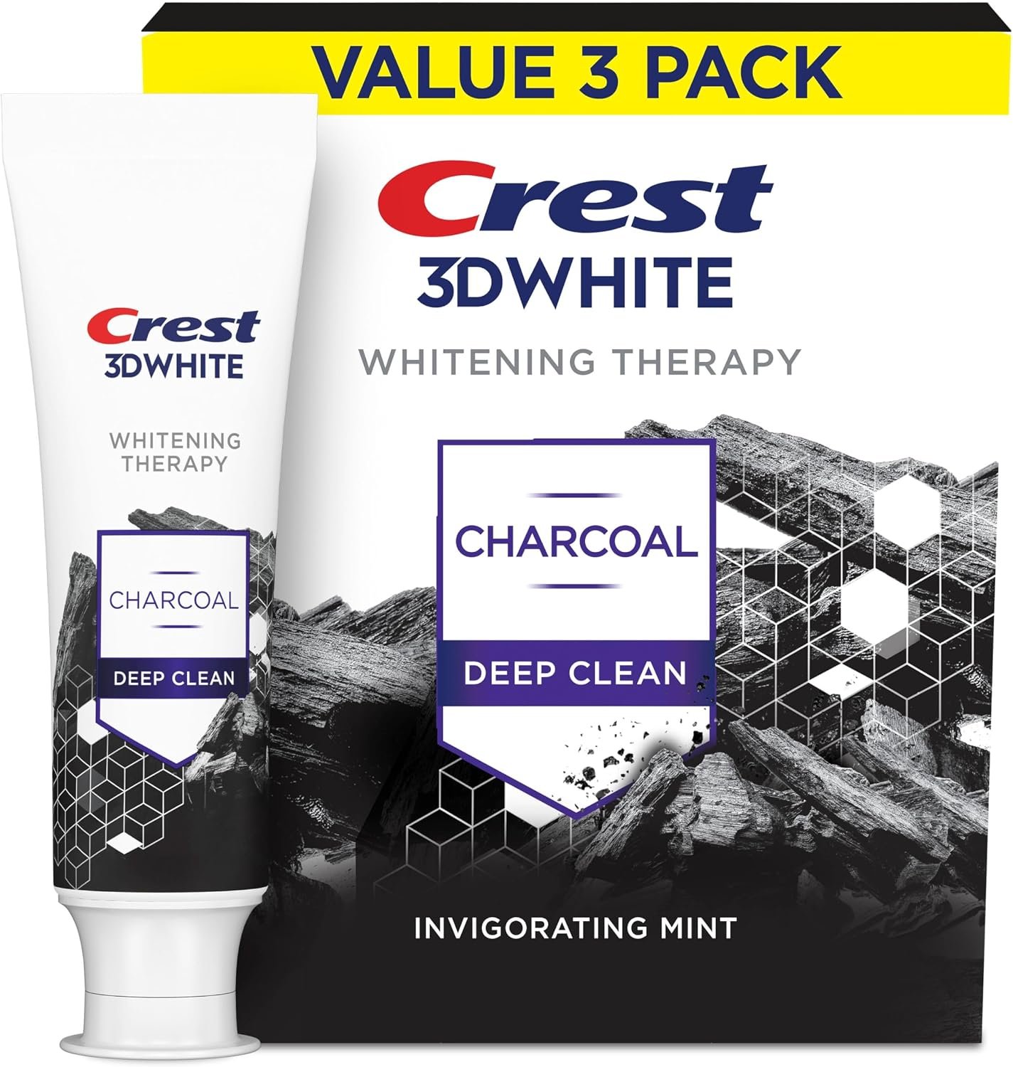Crest 3D White Whitening Therapy Charcoal Toothpaste, Invigorating Mint, 4.6 oz (Pack of 3), Enamel Safe Fluoride Anticavity Toothpaste for Deep Clean and Stain Removal
