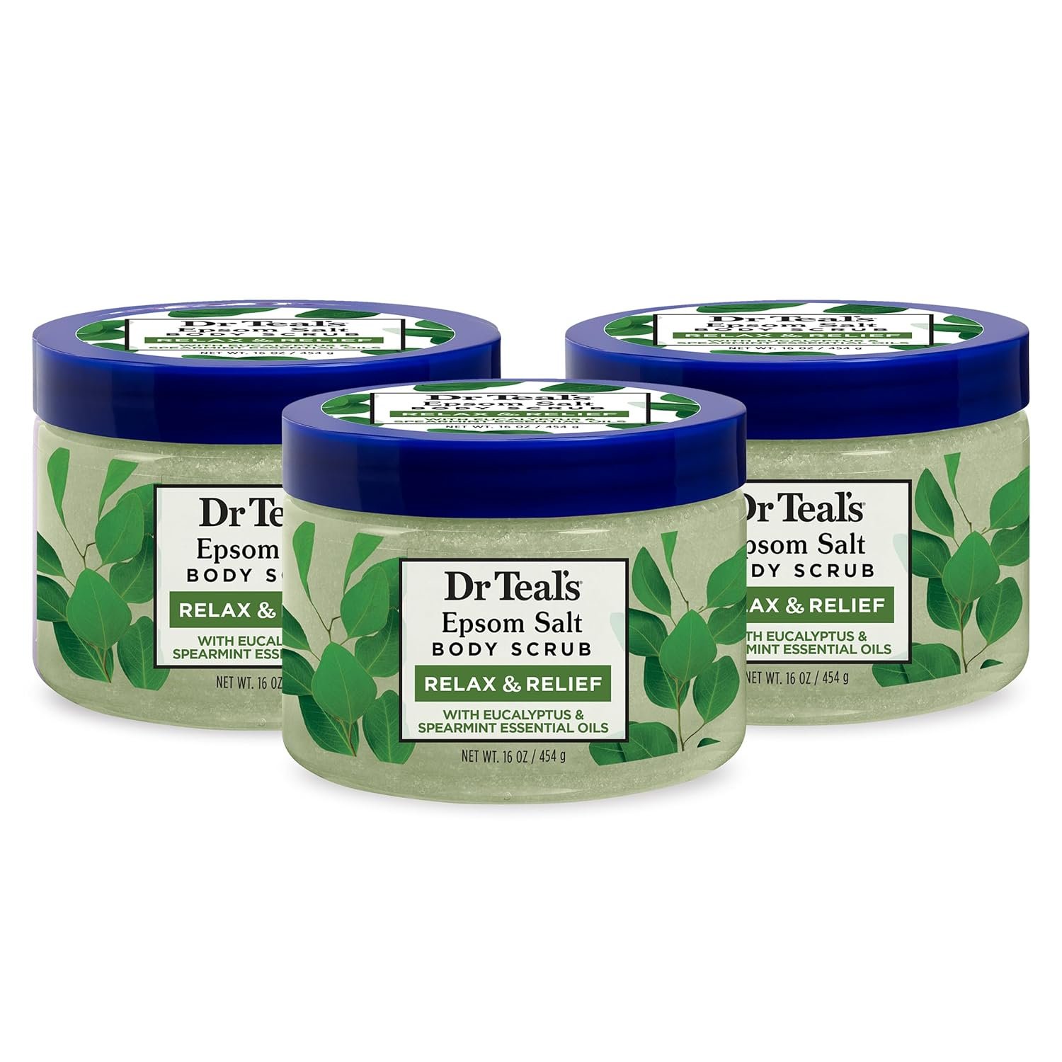 Dr Teal’s Pure Epsom Salt Body Scrub, Relax & Relief with Eucalyptus & Spearmint Essential Oils, 16 oz (Pack of 3)