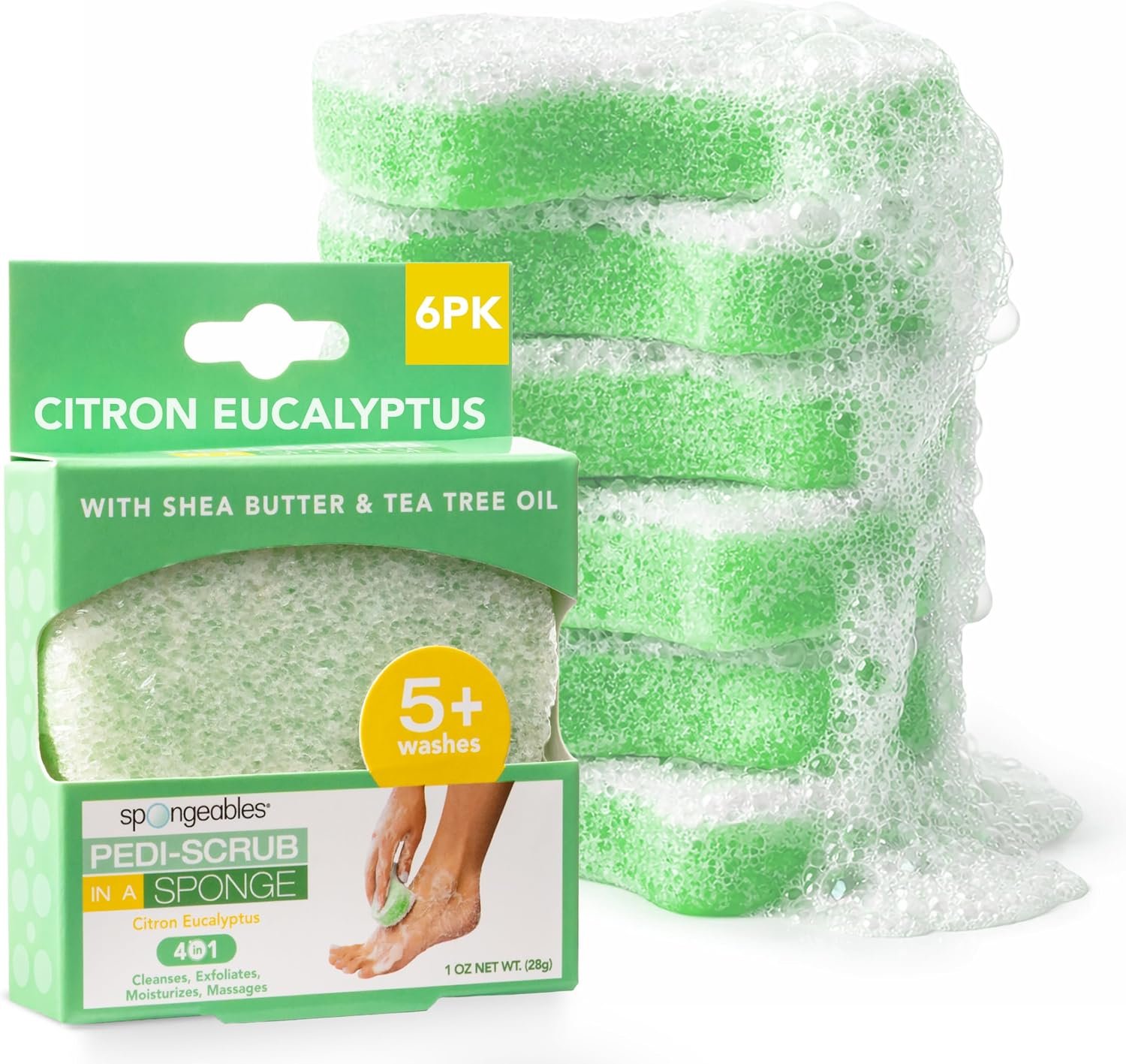 Spongeables Pedi Scrub Foot Exfoliating 5+ Wash Sponge, Citron Eucalyptus, 6 Count