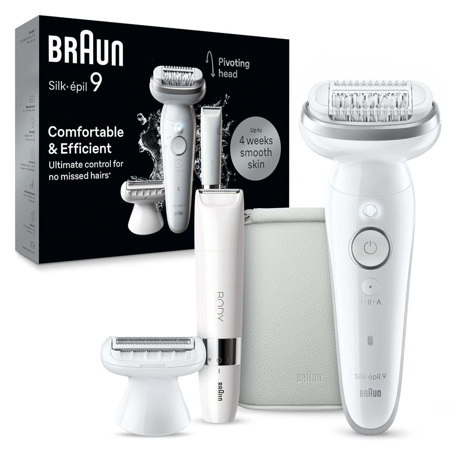 Braun Silk-épil 9 Epilator, Pivoting Head, Wet and Dry, Includes Body Trimmer, Shaver Head and Trimmer Comb, SES9-441