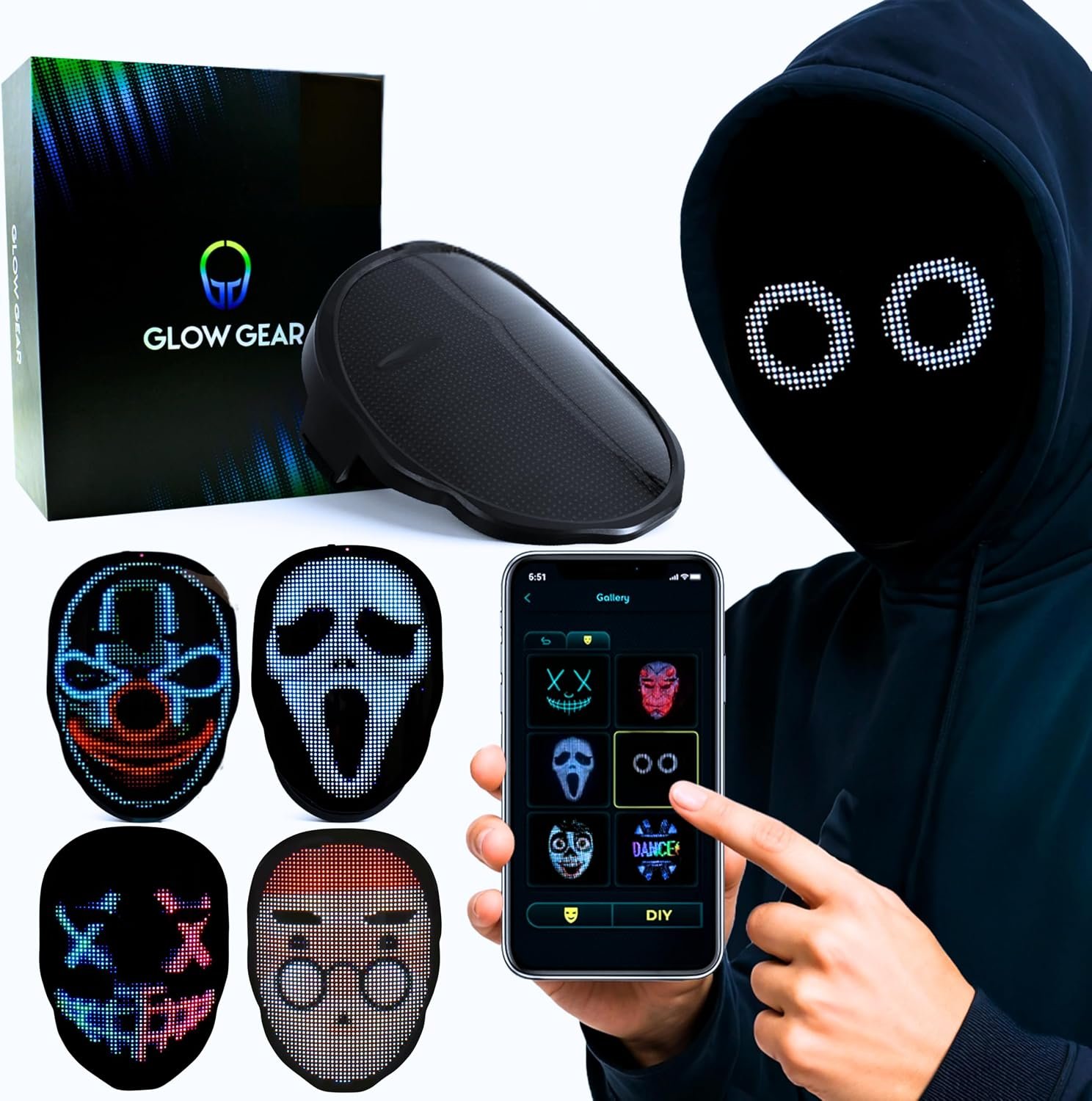 LED Face Light Up Mask Rechargeable Digital Halloween Costume Cosplay Mask