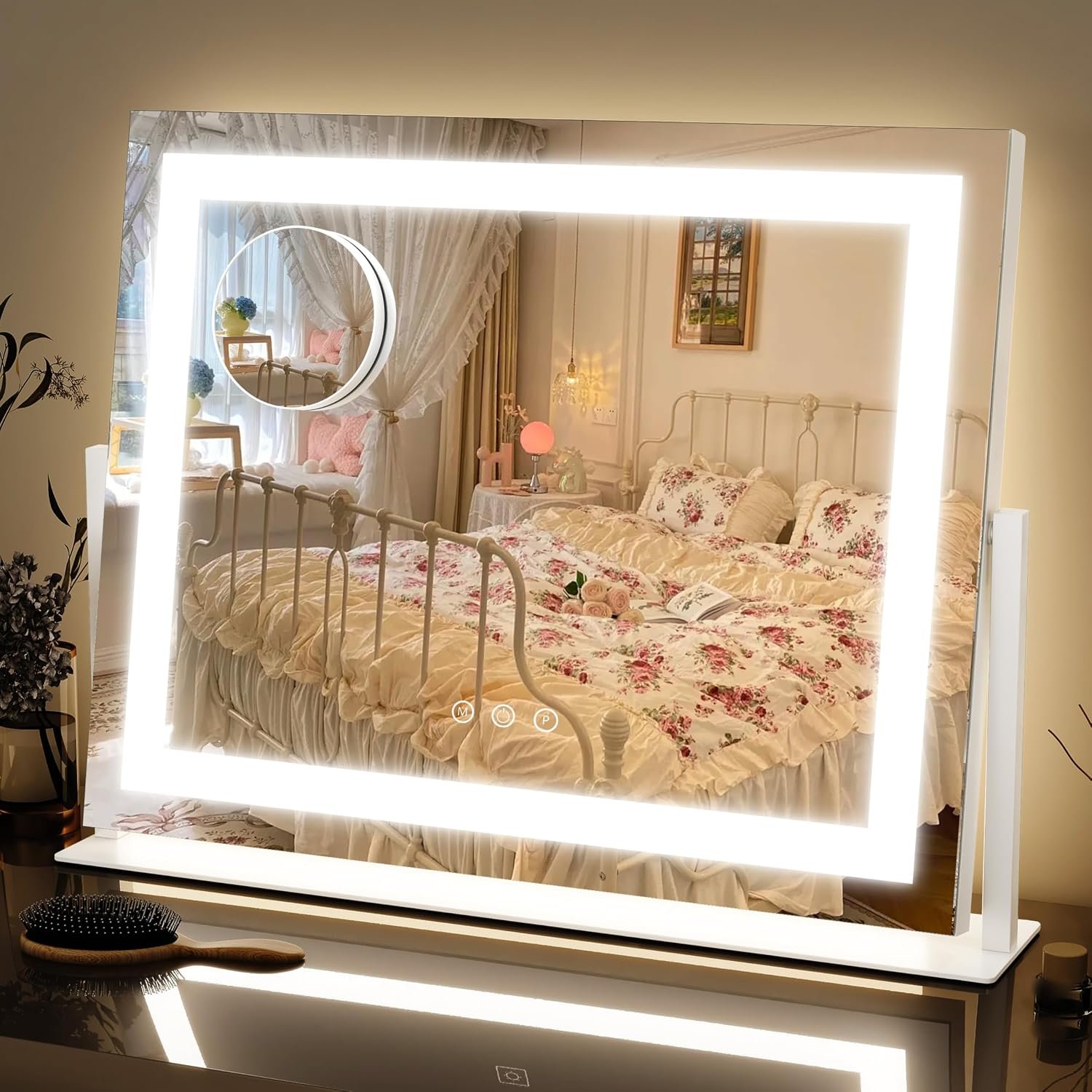 FENNIO Vanity Mirror with Lights 22”x18” Makeup Mirror with Lights,Lighted Makeup Mirror with 10X Magnification and USB，Smart Touch Screen with 3-Color Lighting,Dimmable（Square White）