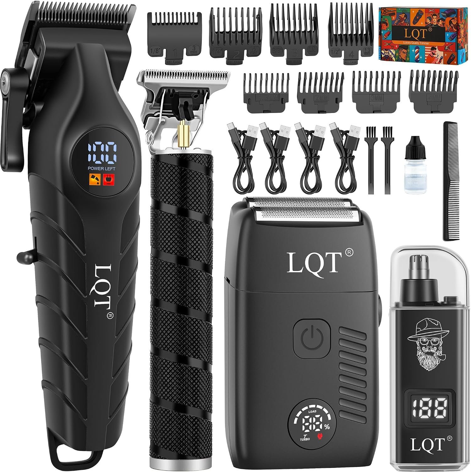 Men’s Professional Cordless Hair Clippers & Trimmer Kit, 4-in-1 Electric Shaver Set with LED Display, Waterproof Body Groomer, Nose Trimmer & T-Blade for Bald Head, Full Barber Kit (Black)