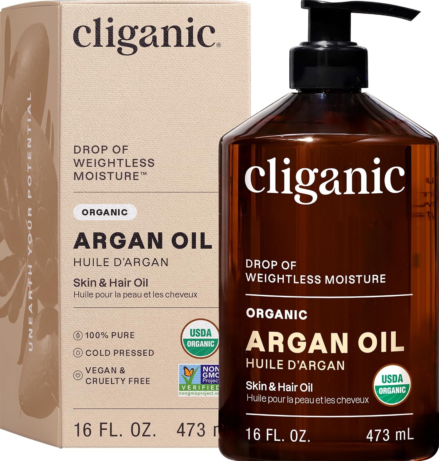 Cliganic Organic Argan Oil 100% Pure Cold Pressed For Hair, Face, Skin 16oz