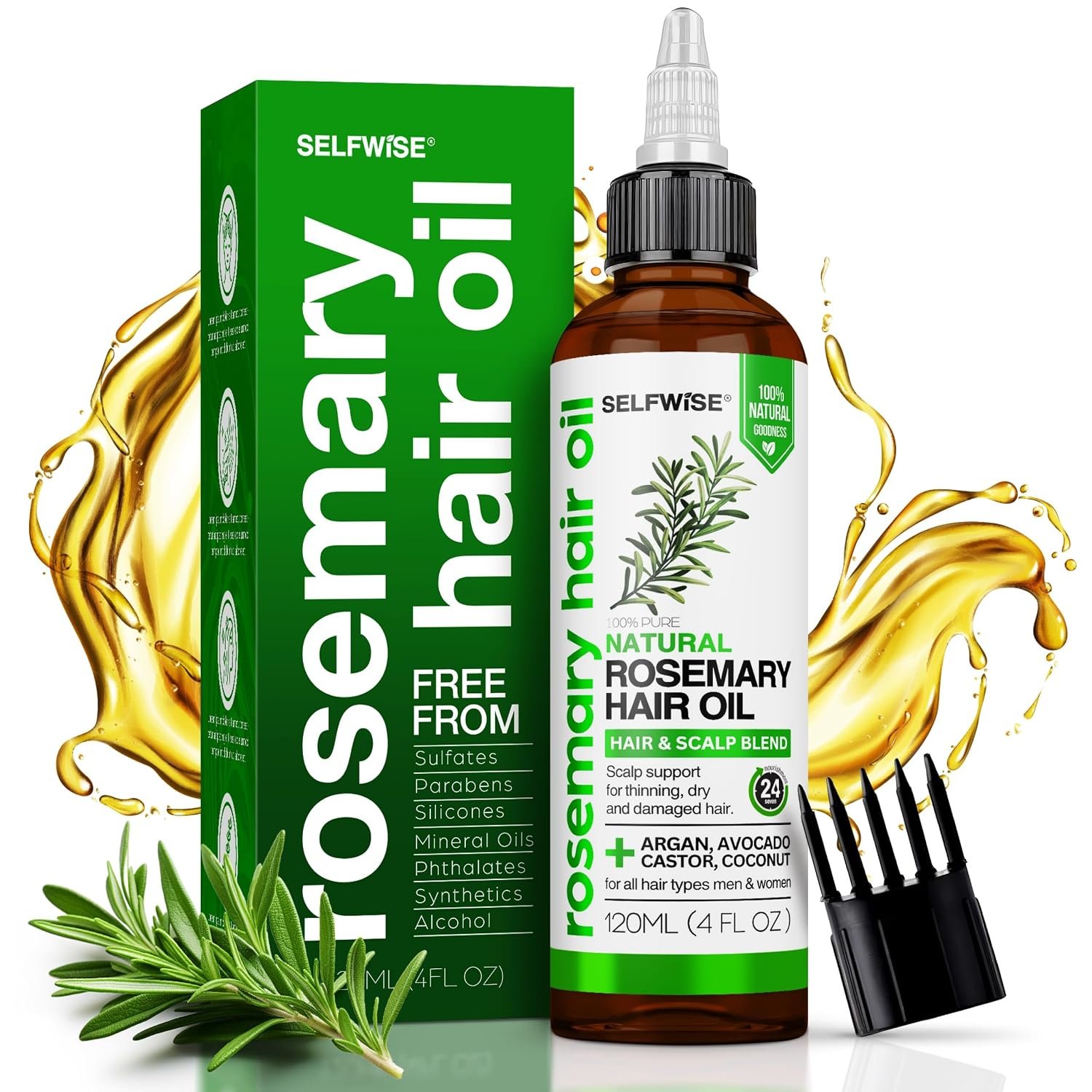 SELFWISE Rosemary Hair & Scalp Oil, 3-in-1 Kit with Comb Applicator and Precision Nozzle, Rosemary Mint Multi-Oil Blend with Castor, Coconut, Argan & Avocado, 4 Fl Oz
