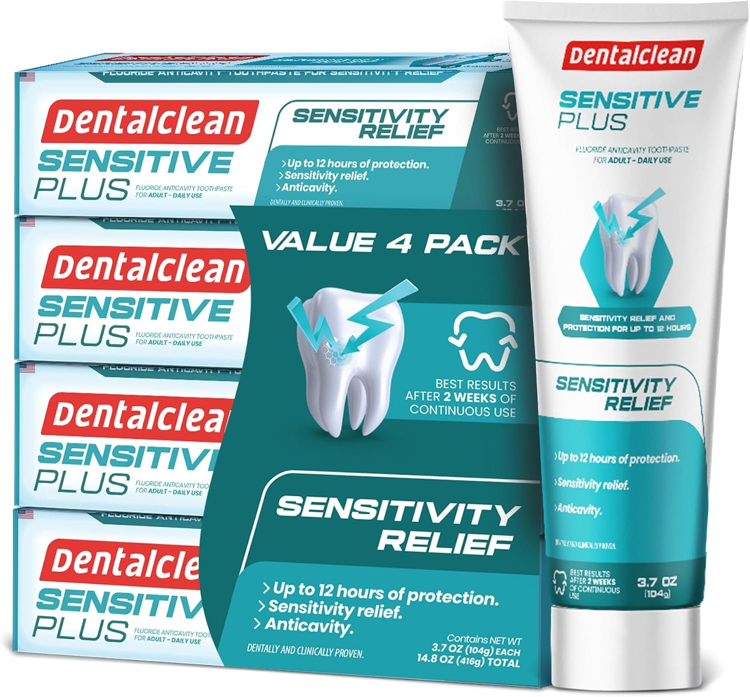Dentalclean – Pack of 4 Sensitive Gel Toothpastes – Immediate and Prolonged Sensitivity Relief, Enamel and Gum Protection, 1100 PPM Fluoride – Mild Mint Flavor – 3.7 oz (104g)