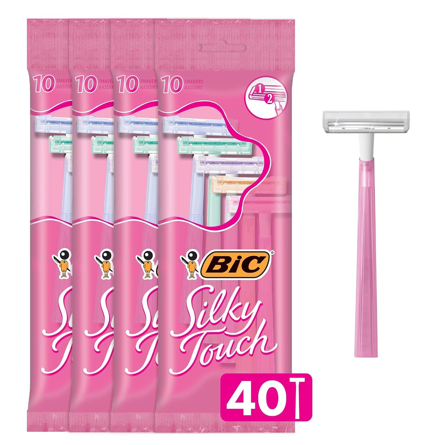 BIC Silky Touch Womens Disposable Razors, 2-Blade, Travel Covers, 40-Pack.