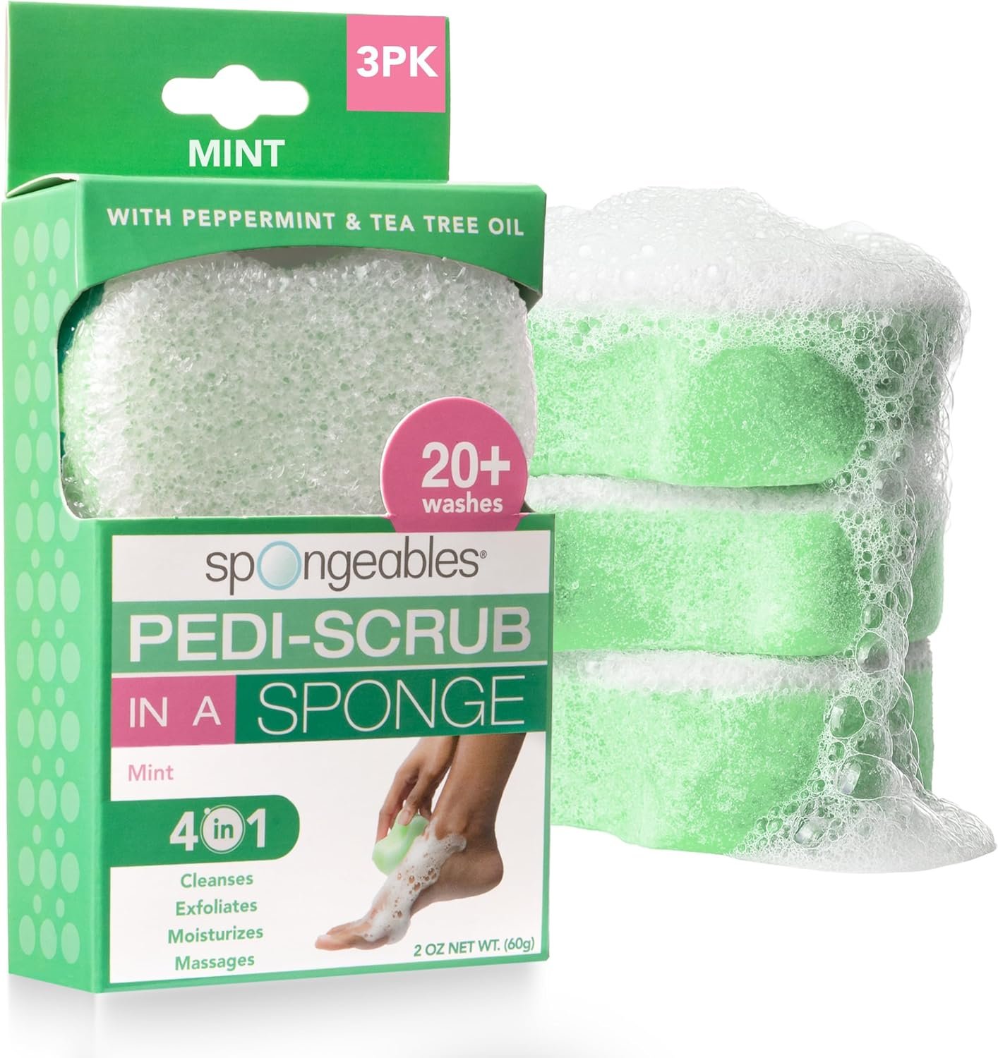 Spongables Pedi Scrub Foot Exfoliating 20+ Wash Sponge, Peppermint and Tea Tree, 3 Count