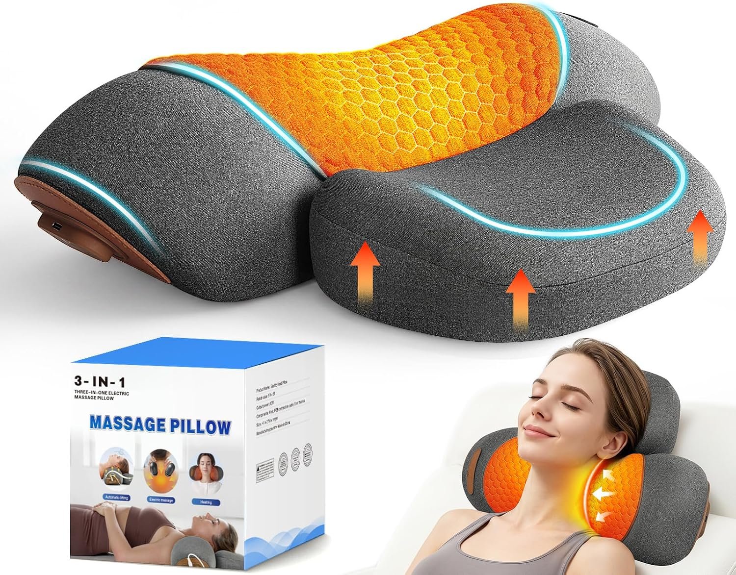 3in1 Cordless Neck Massager Pillow with Heat,Thera Pillow Traction Massager