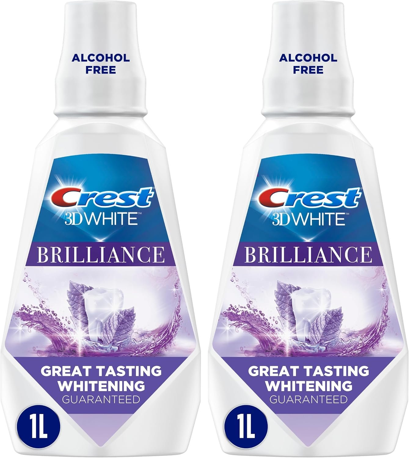 Crest 3DWhite Brilliance Alcohol Free Whitening Mouthwash, Value Twin Pack, 2 x 1L (33.8 fl oz) Bottles, Whiter Teeth in 7 Days, Freshens Breath, Peroxide Free, Clean Mint Flavor