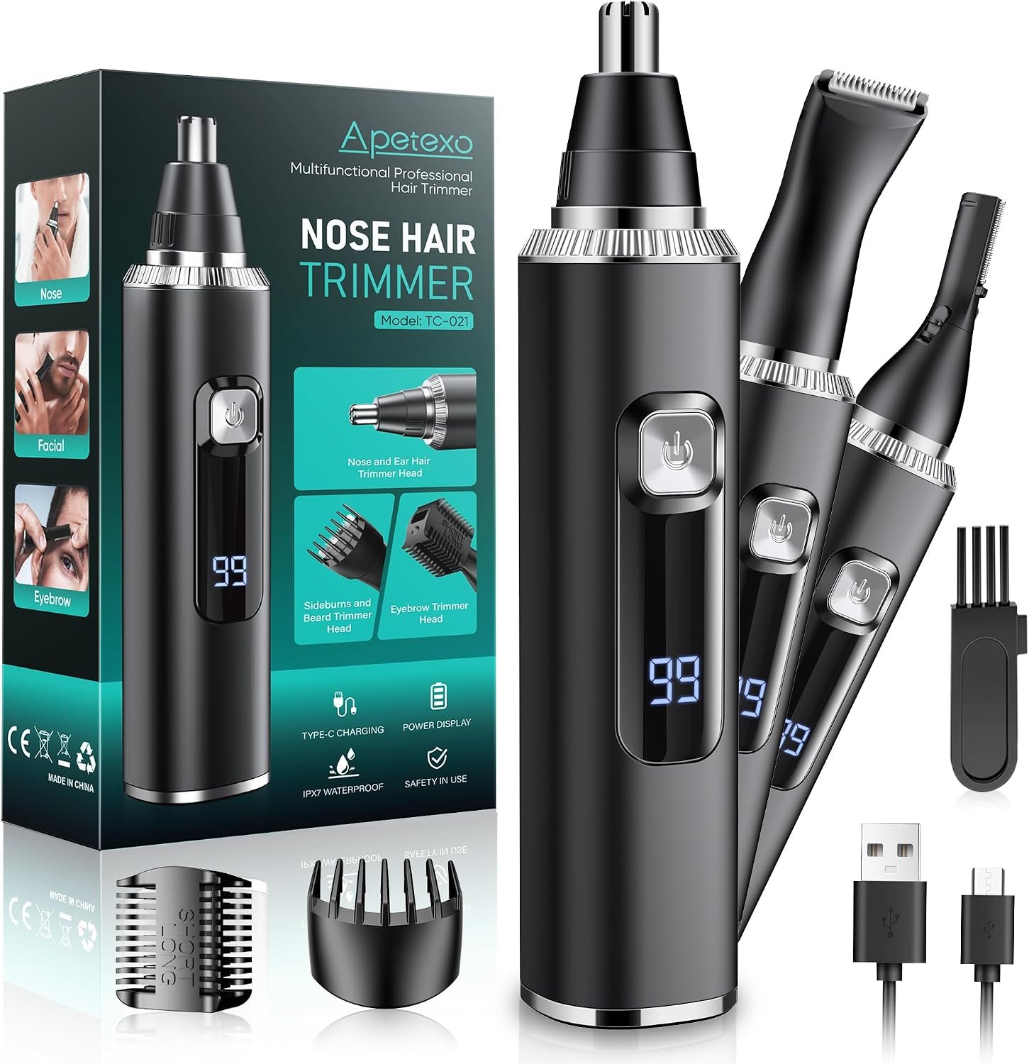 Nose Hair Trimmer for Men and Women, Type-C Rechargeable Precision Groomer with Double-Edged Blades, Painless & IPX7 Waterproof Design for Nose, Ears, Eyebrows and Facial Hair – Black