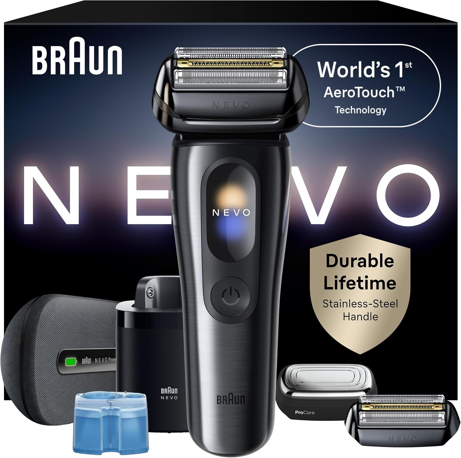 Braun NEVO Men’s Electric Shaver with World’s 1st AeroTouch Technology, Premium Value Kit with Power Travel Case, Blade Refill Head, ProCare Attachment, Braun’s Best Electric Razor for Men, 17610C