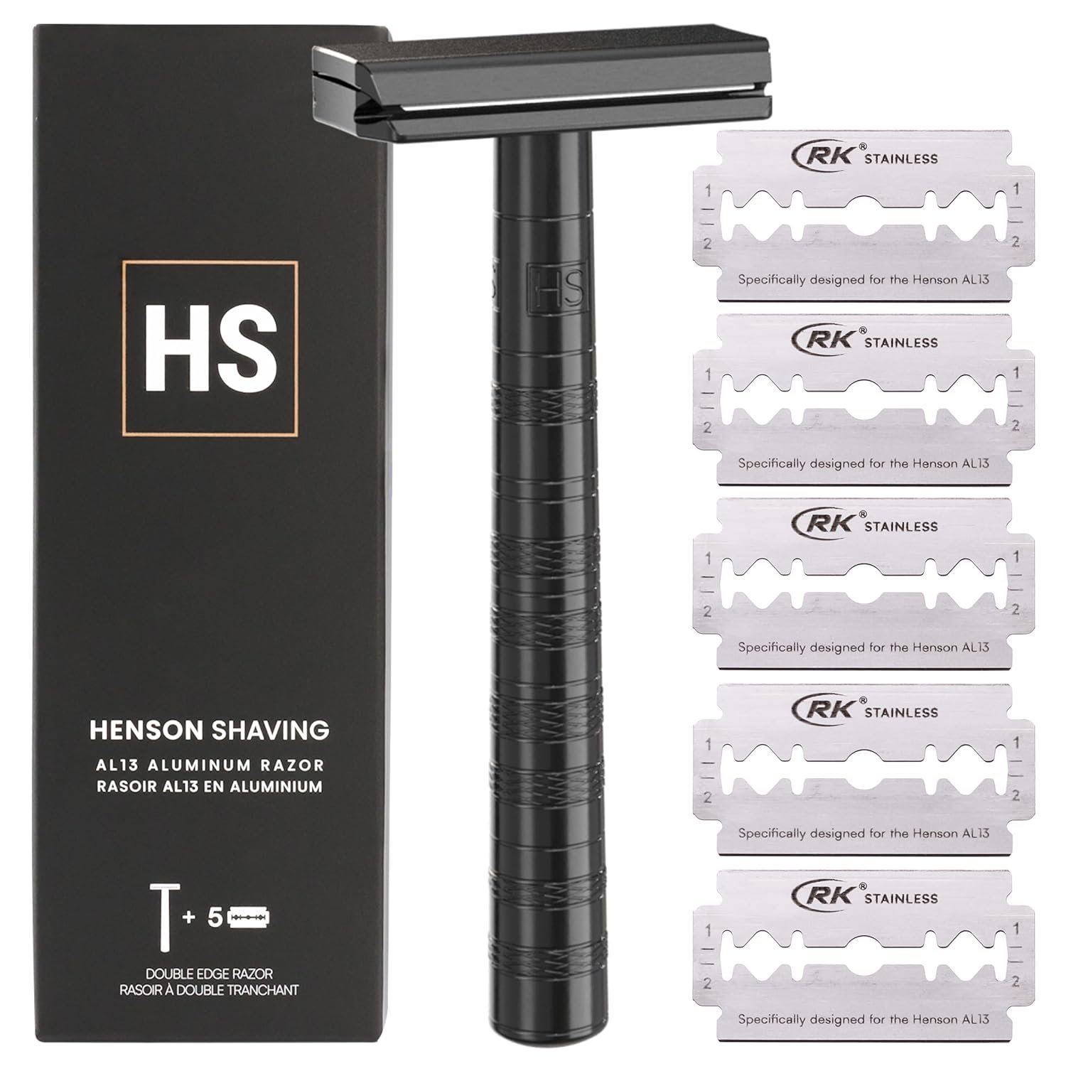Henson Shaving Razor – Jet Black Double Edge Safety Razor with 5 Spare Blades – 30° Angled Precision With Superior Blade Rigidity- Reusable Single Blade Razors For Men and Women – Mild Aggression