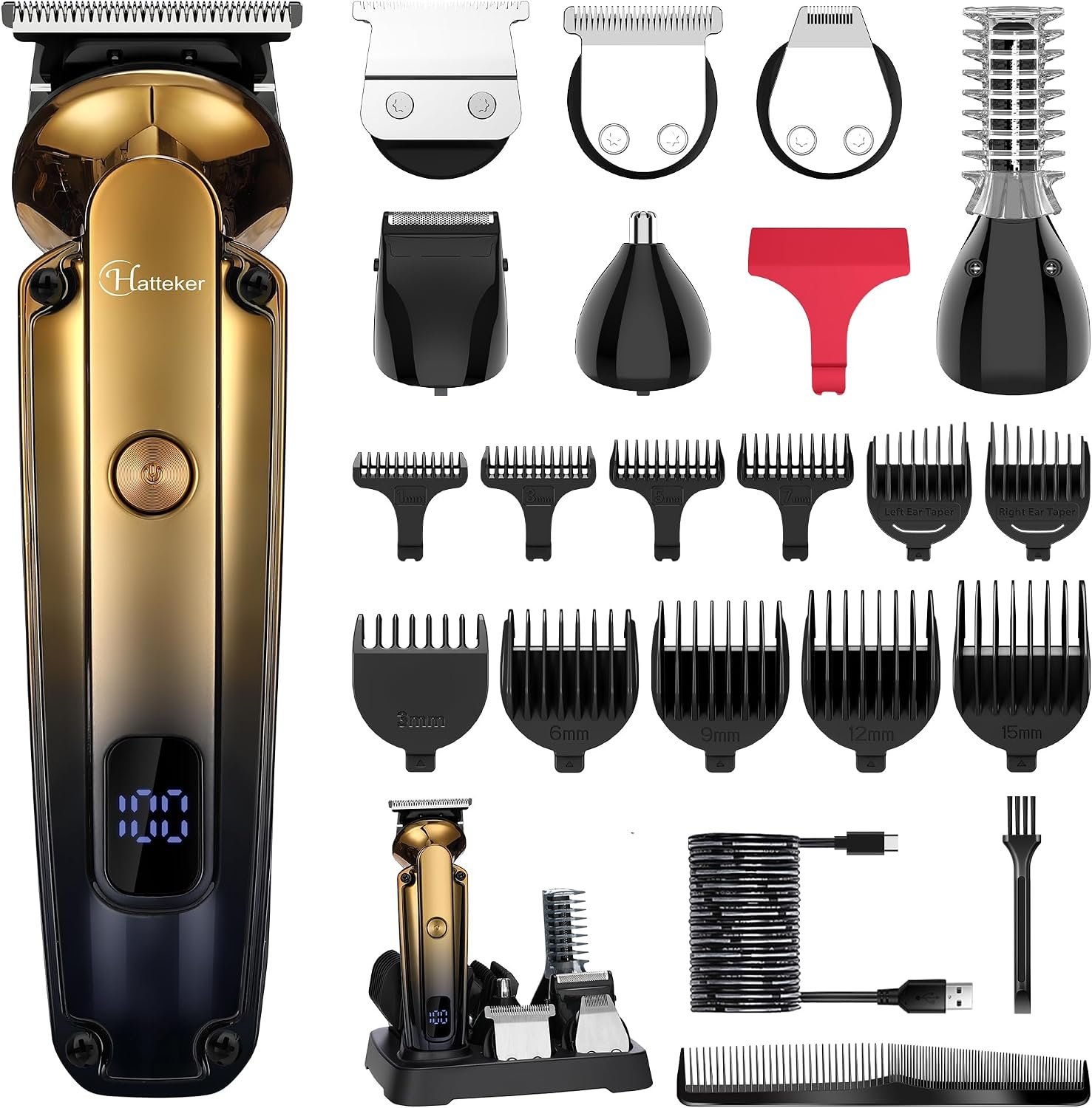 Hatteker Men’s Beard Trimmer Kit Electric Razor Shaver Professional Hair Clipper with Zero Gapped T-Blade Nose Ear Beard Body Trimmer for Men Waterproof Cordless Grooming Kit 6 in 1