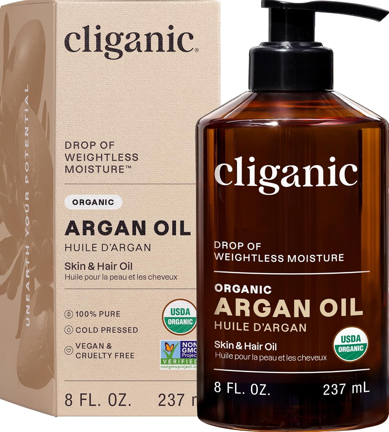 Cliganic Organic Argan Oil 100% Pure Cold Pressed For Hair, Face, Skin 8 oz