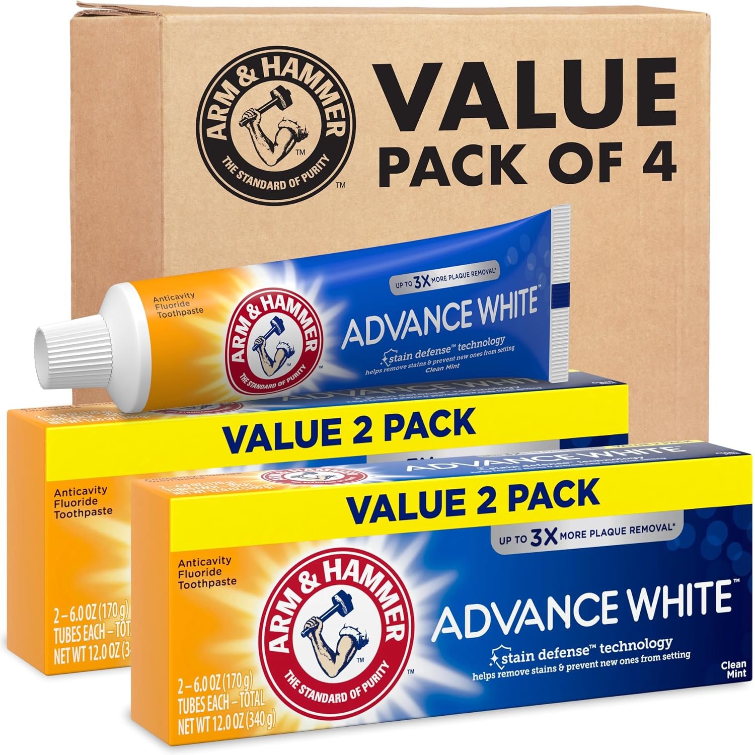 ARM & HAMMER Advance White Toothpaste, Clean Mint, 6.0 oz, 4-Pack
