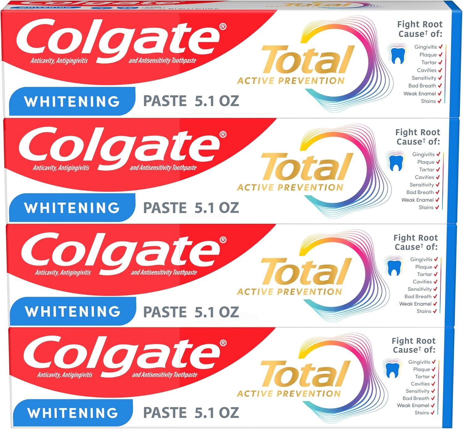 Colgate Total Whitening Toothpaste with Fluoride, Bulk 4 Pack, 5.1 oz