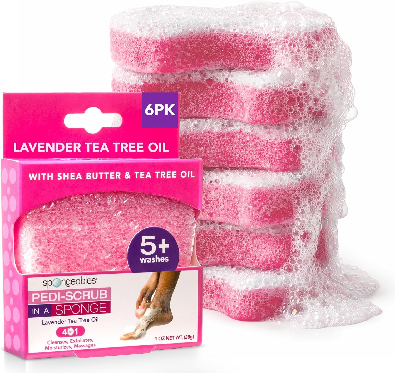 Spongables Pedi Scrub Foot Exfoliating 5+ Wash Travel Sponge, Lavender, 6 Count