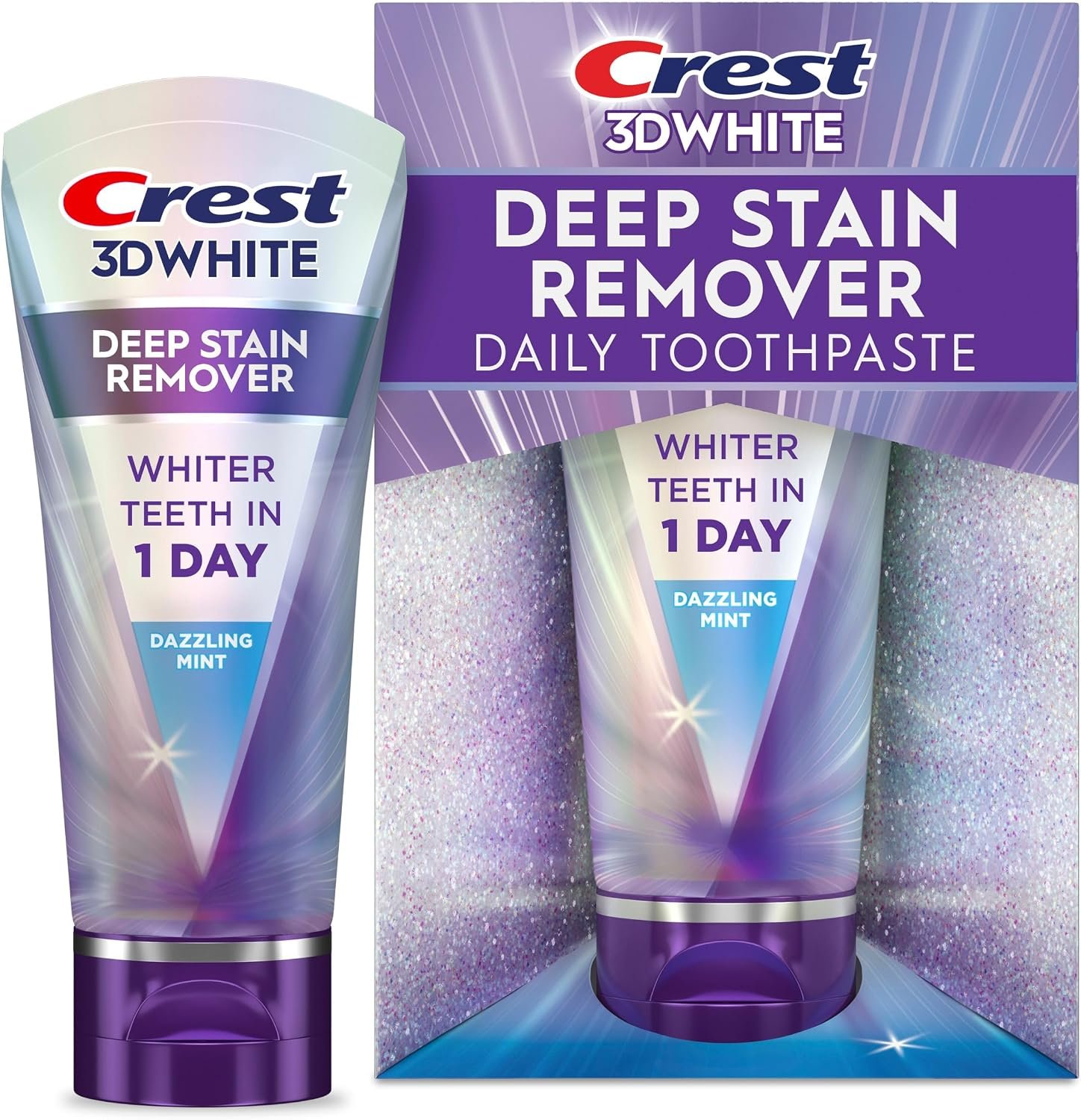 Crest 3DWhite Deep Stain Remover Dazzling Mint Toothpaste, 2.1 oz (Pack of 1), Whiter Teeth in 1 Day, Enamel Safe Fluoride Toothpaste for Fast Stain Removal and Prevention