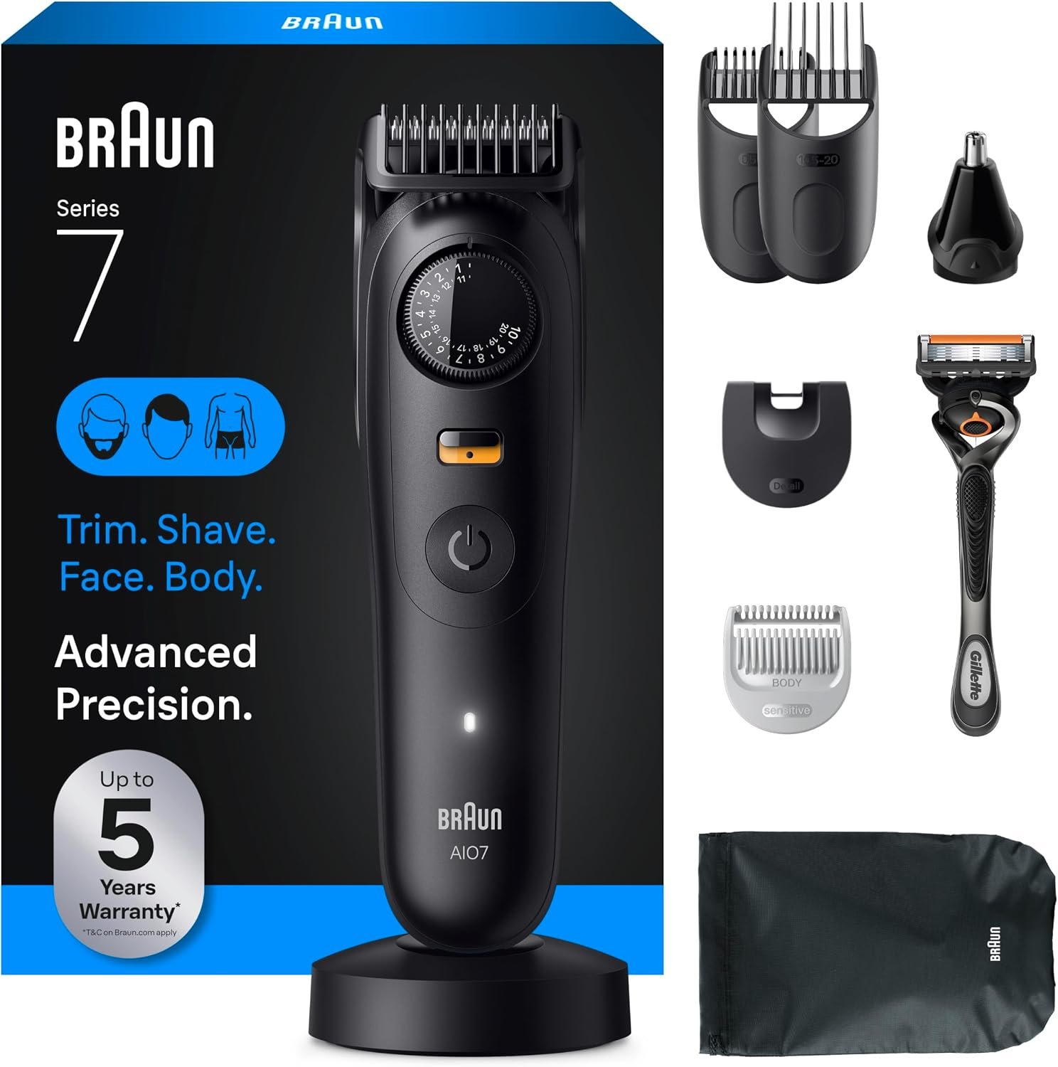 Braun All-in-One Series 7 Men’s Electric Beard Trimmer, Hair Clipper, Shaver & Razor for Face, Hair & Body, All-in-One AIO 7535 with Gillette ProGlide Razor, Cordless
