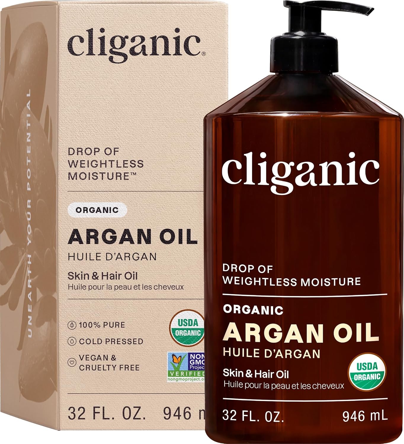 Cliganic Organic Argan Oil 100% Pure Cold Pressed For Hair, Face, Skin 32oz