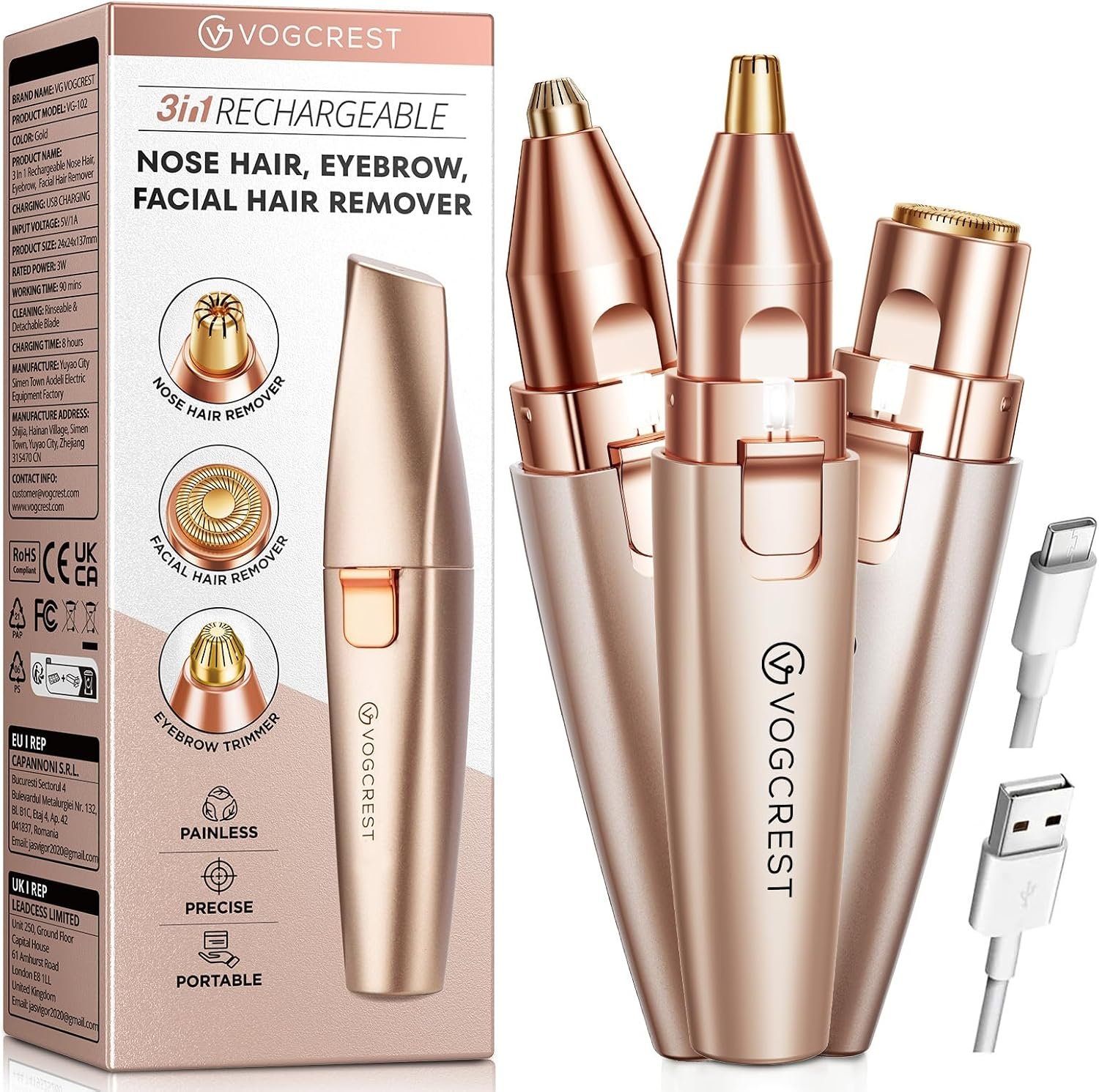 VG VOGCREST Nose Hair Trimmer: 3 in1 Rechargeable Facial Hair Removal & Eyebrow Shaver – Painless Electric Hair Remover Device for Women & Men with Built-in LED Light