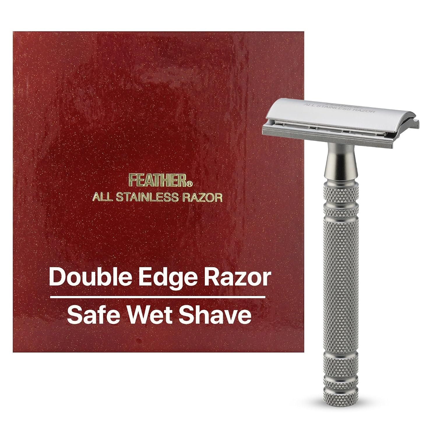 Feather All Stainless Steel Double Edge Safety Razor AS-D2 – Weighted Handle for Grip and Precision Shaving – Includes 5 Hi-Stainless Replacement Blades for Men & Barbers – Made in Japan