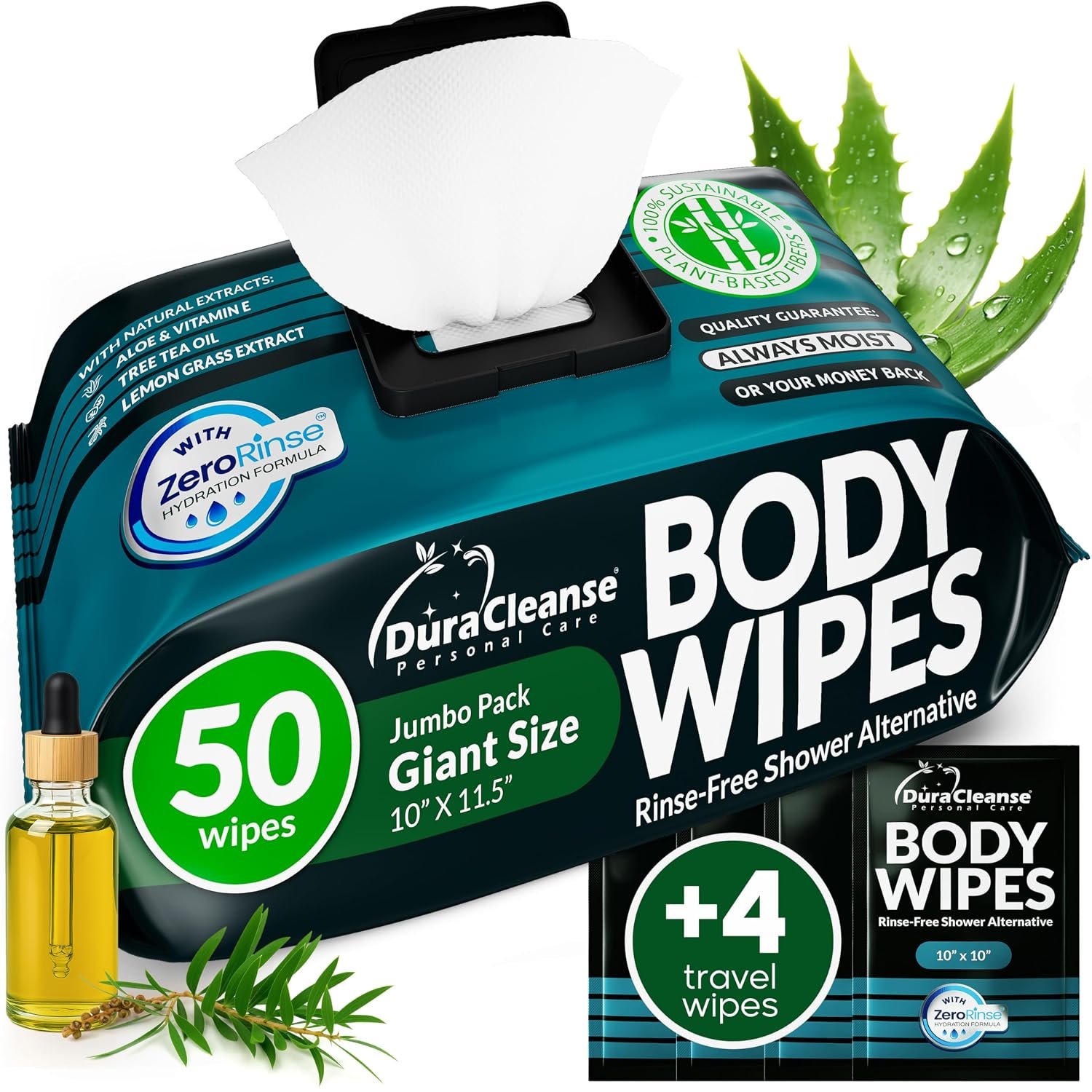 XL Body Wipes for Men – Max Clean – No Rinse Large Shower Wipes – 50 Ct + 4