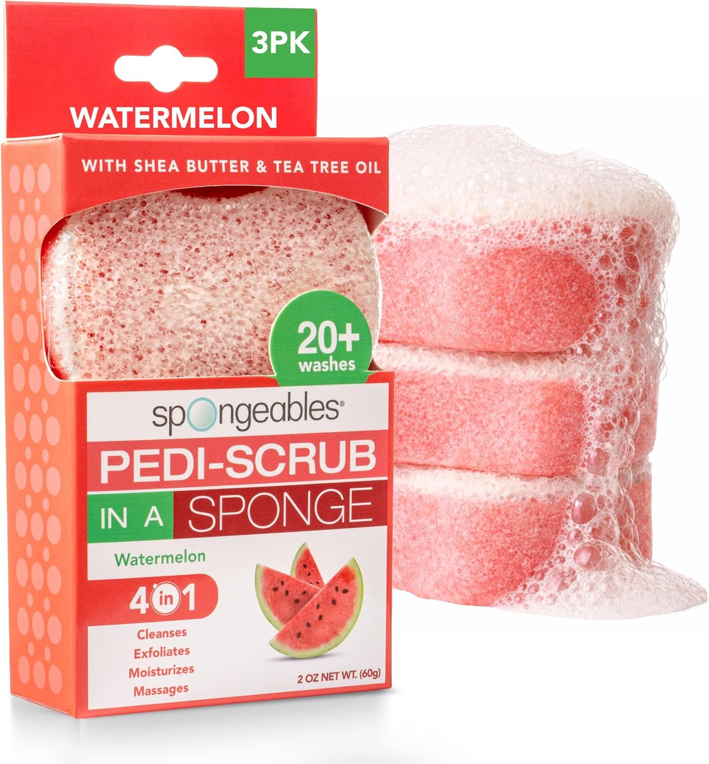 Spongeables Pedi Scrub Foot Exfoliating 20+ Wash Sponge, Watermelon, 3 Count